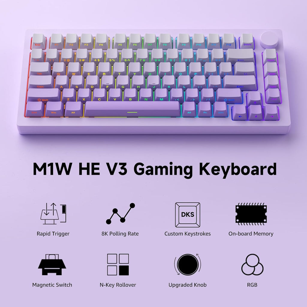 MONSGEEK M1W V3 HE Gaming Keyboard Magnetic Switch Rapid Trigger Mechanical Keyboard Bluetooth/2.4GHz/Wired Gasket Mounted RGB Aluminum Keyboard for Mac/Win (Purple, Creamy Yellow Magnetic Switch)
