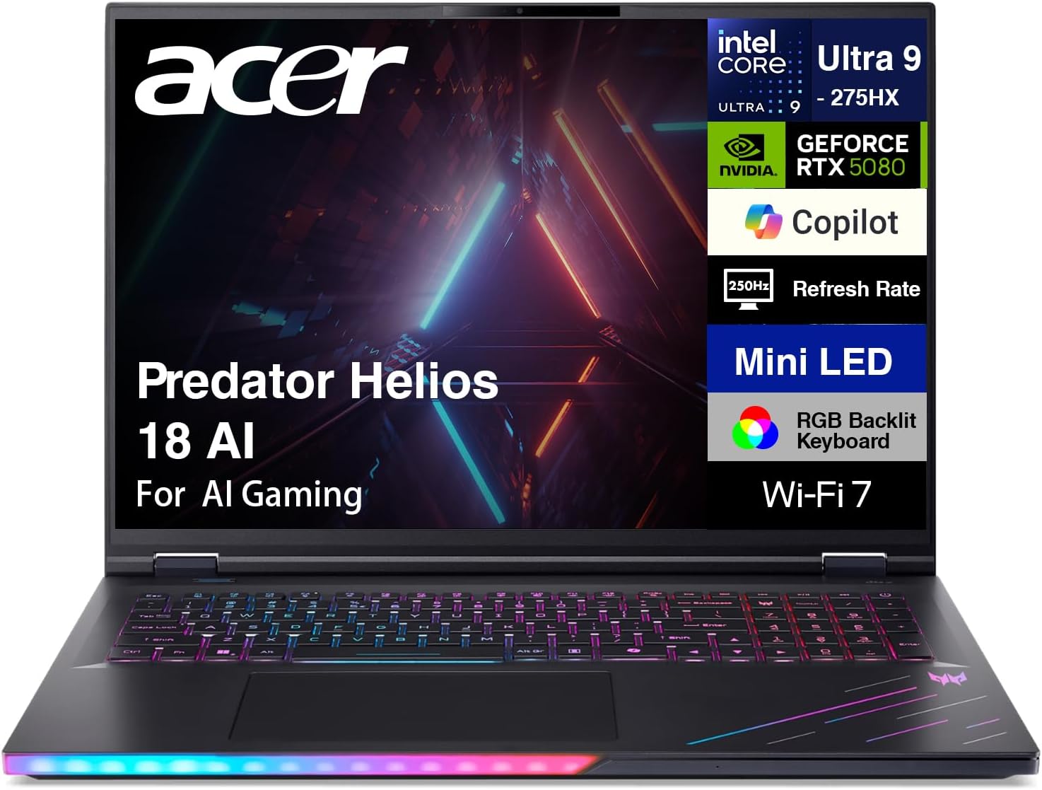 acer Predator Helios 18 AI Gaming Laptop 18' 250Hz 1000 nits Mini-LED WQXGA (Intel Ultra 9-275HX, GeForce RTX 5080 16GB, 128GB DDR5, 4TB SSD, 2 Thunderbolt 5, Win 11 Home) w/DKZ USB Port Expander