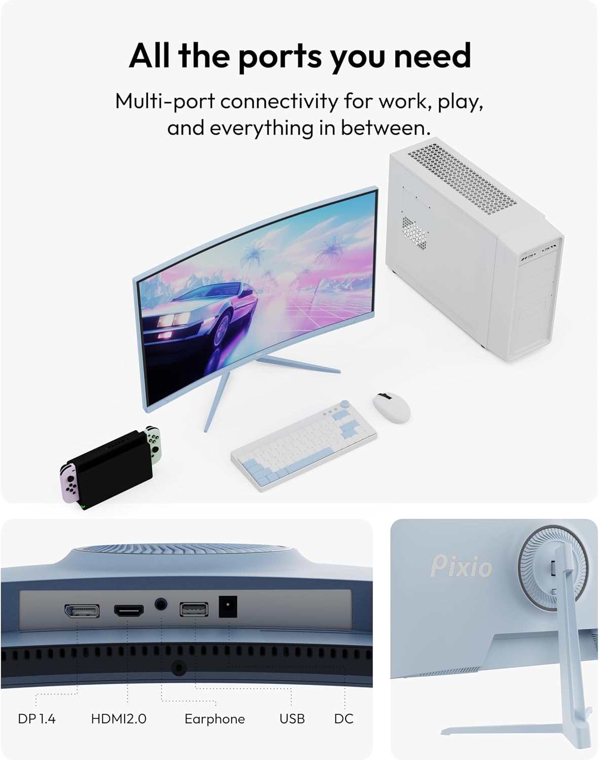 Pixio PXC248 Wave Blue 24 inch 200Hz Refresh Rate FHD 1080p Resolution 1500R Curve Fast VA Panel 1ms GTG Response Time Adaptive Sync HDR Curved Gaming Monitor