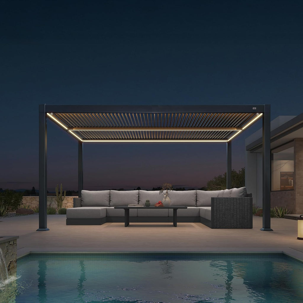 PURPLE LEAF Solar Louvered Pergola 92KS 11' x 15' with Dimmable LED Strip and Control Panel Adjustable Aluminum Waterproof Roof Outdoor Modern Pergolas for Patio Deck Gray