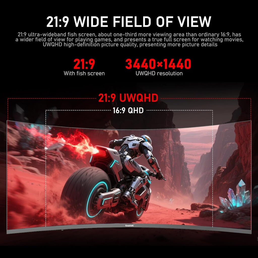 Gawfolk 34 Inch Ultrawide Curved 180Hz Gaming Computer Monitor 1000R PC screen 21:9 UWQHD (3440x1440) ,1ms,100%sRGB,Adaptive Sync,HDMI、Display Port,Liftable Stand,Wall Mount Compatible 75*75mm-Black