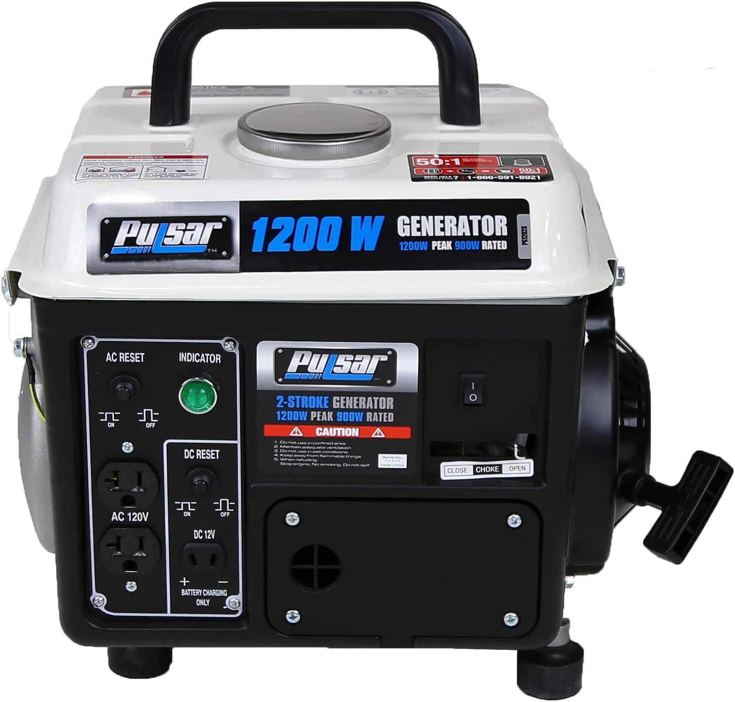 Pulsar 1,200W Carrying Handle, PG1202SA Gas-Powered Portable Generator, 1200W, Black/White