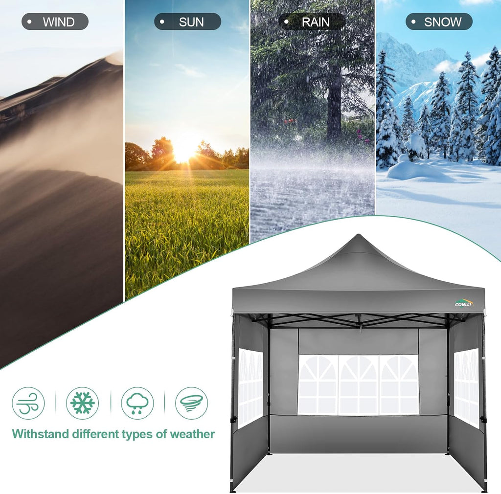 COBIZI 10x10 Pop Up Canopy with Sidewalls Heavy Duty Party Tent with Removable Awning Easy Up Outdoor Canopy Wedding, All Season Windproof&Waterproof with Roller Bag UPF 50+, Gray