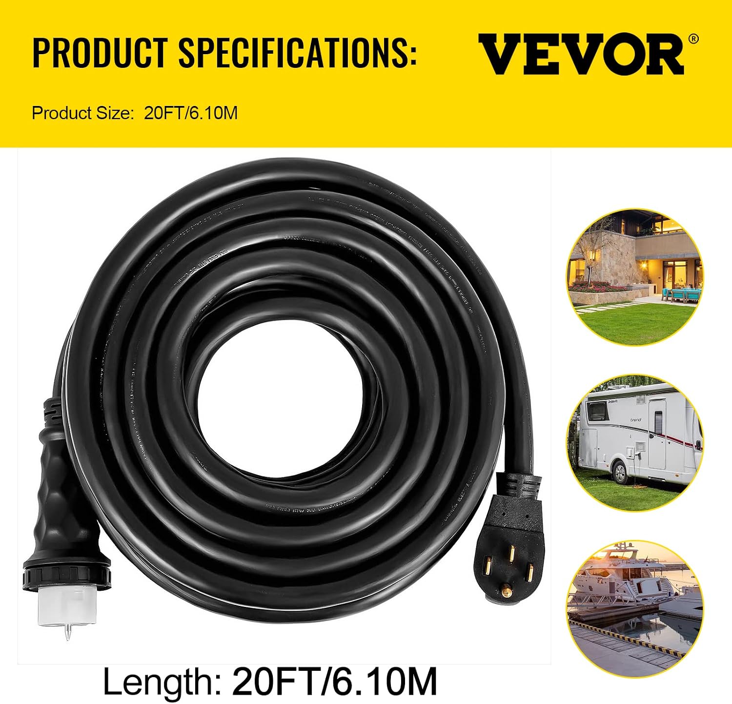 VEVOR 25 FT 50 Amp Generator Extension Cord NEMA N14-50P & SS2-50R & CS6364, STW 6/3 + 8/1 AWG 125V 250V Generator Power Cord Twist Lock Connectors