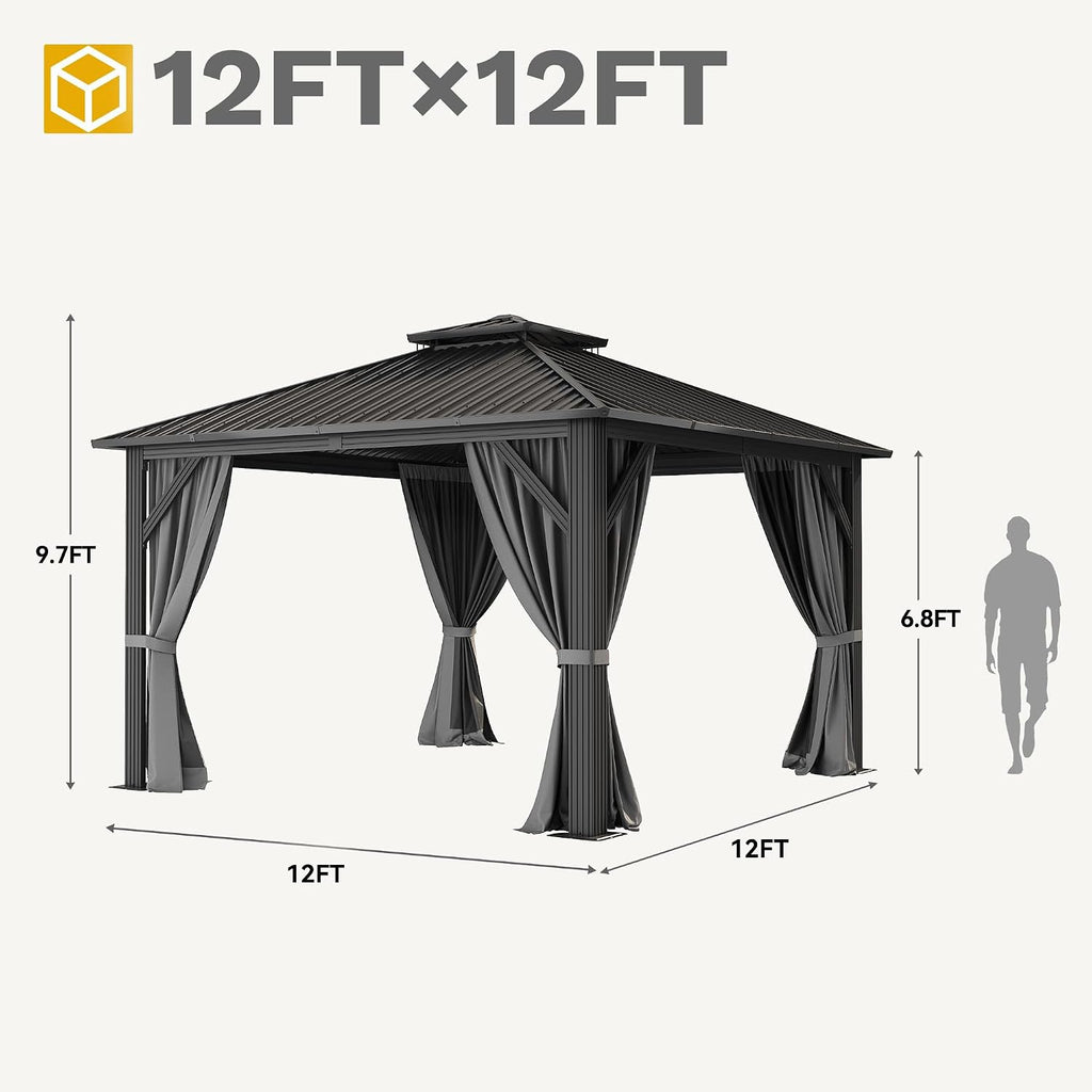 DWVO 12x12ft Hardtop Gazebo Double Roof with Nettings and Curtains, Heavy Duty Galvanized Steel Outdoor Vertical Stripes Roof for Patio, Backyard, Deck, Lawns, Gray
