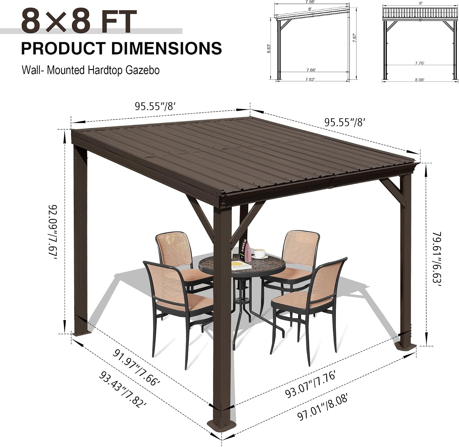 Domi 8'x8' Lean to Gazebo Hardtop, Expandable Wall Mounted Pergola with Gutters & Galvanized Steel Roof, 60MPH Wind Resistance, Outdoor Metal Heavy Duty Metal Awning for Patio, Deck, Backyard - Brown
