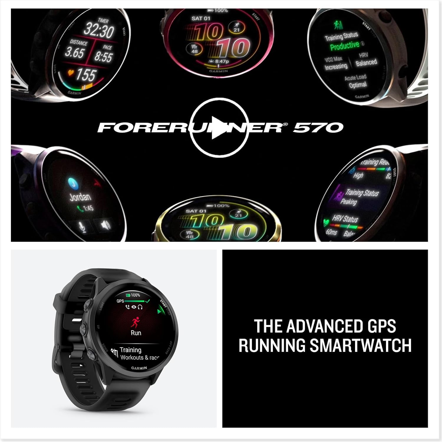 PlayBetter Garmin Forerunner 570 (47 mm, Slate Gray/Translucent Black) Running GPS Smartwatch - AMOLED Display, Training & Recovery - Bundle Portable Charger & HD Screen Protectors