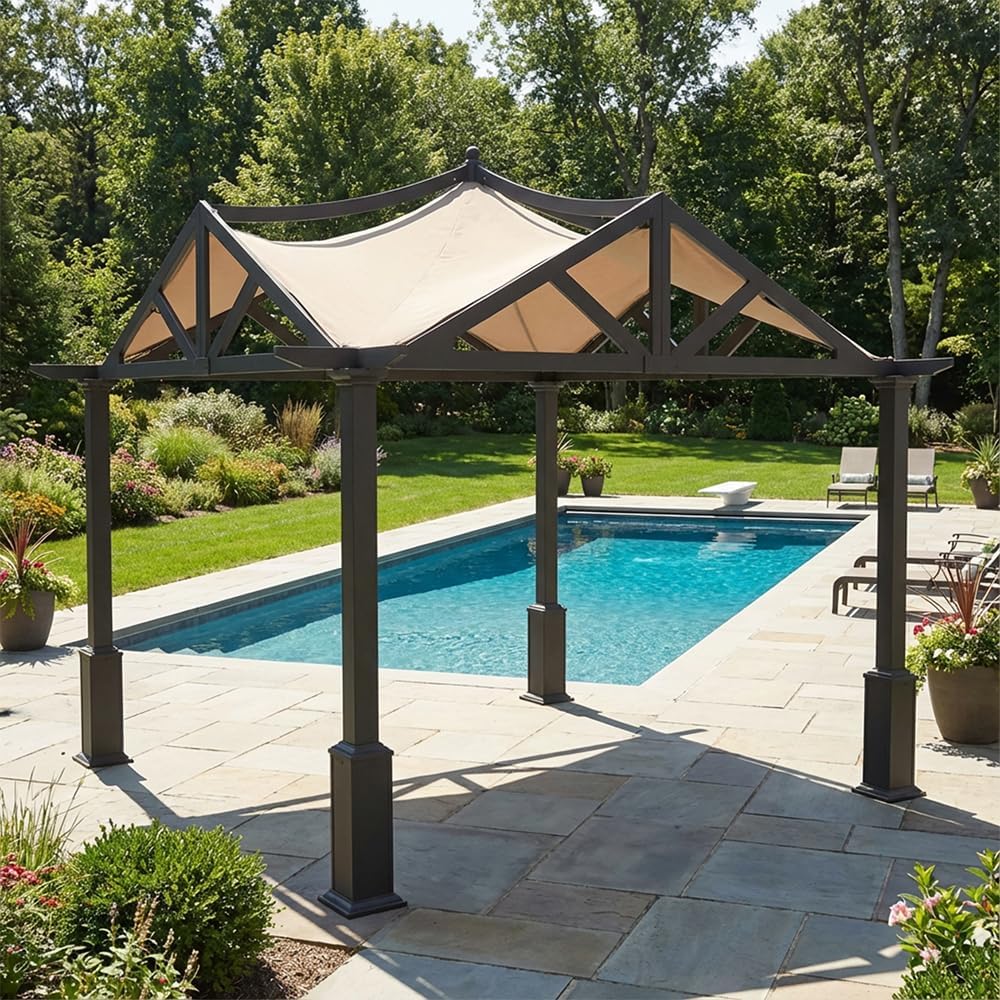 Garden Winds Heavy Duty Reinforced RipLock 500 Replacement Canopy Top Cover Compatible with Garden Treasures 10' x 10' Pergola Models GF-9A037X, GF-12S039B - Beige