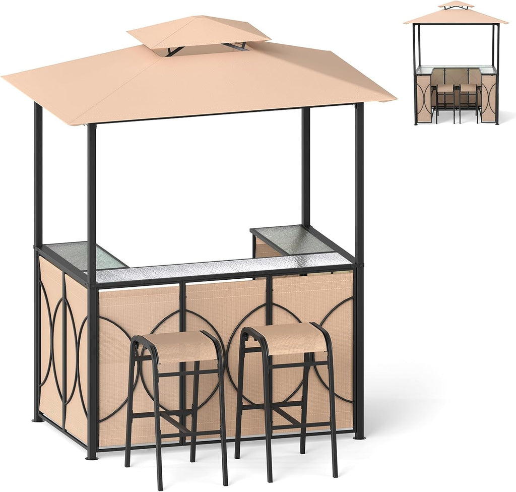 Tangkula 6.5 x 4 x 8 FT Grill Gazebo Set, 3-Piece Patio Bar Set with 2 Bar Stools, Tempered Glass Bar Table, 2-Tier Slatted Metal Shelves, Double Roof Design, BBQ Gazebo Shelter for Patio (Brown)