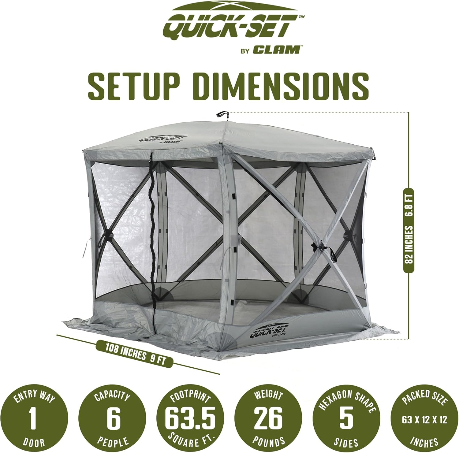 CLAM Quick-Set Pop Up Screen Tent, Venture, 9 x 9 ft, Instant Setup Gray Portable Outdoor Gazebo Canopy Shelter, Compact Bug-Free Camping Tent for Backyard, Beach, Tailgating - Gray