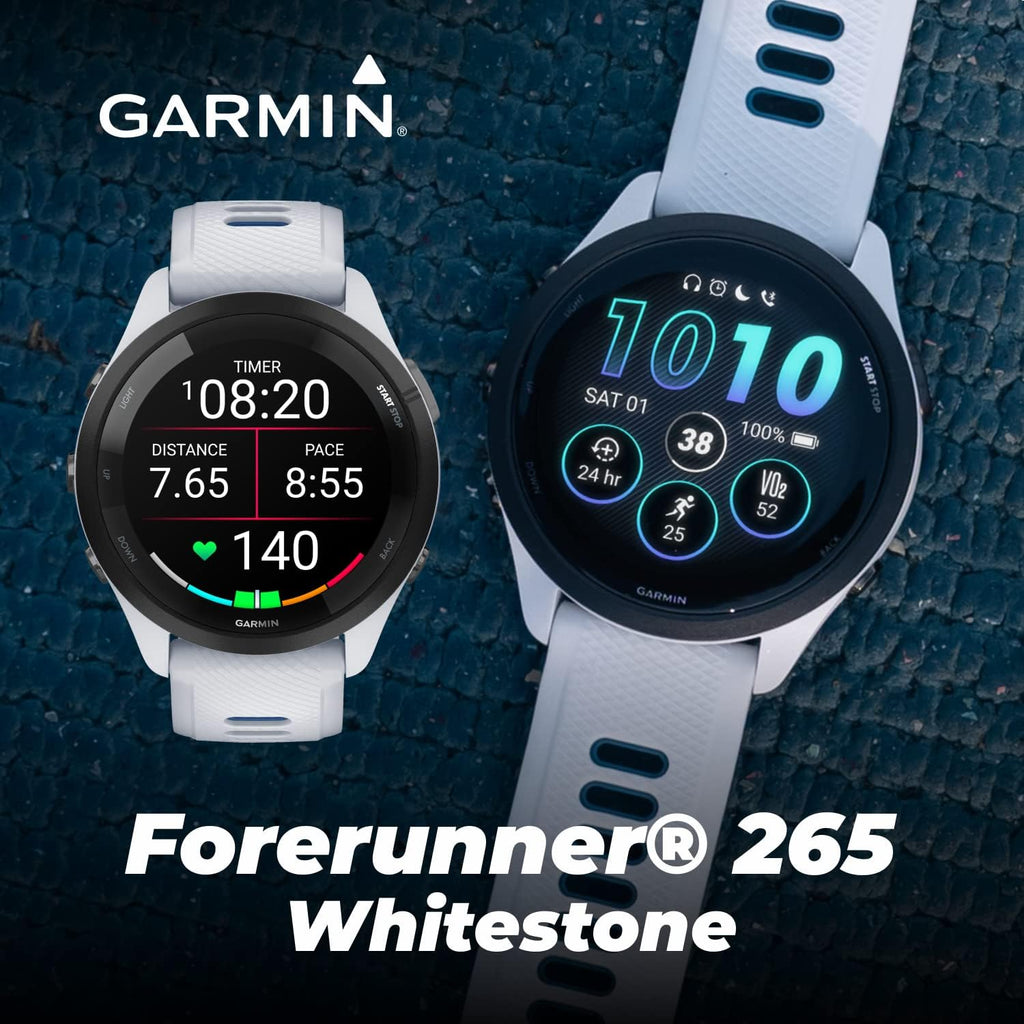 Garmin Forerunner 265 Music GPS Running 46 mm Smartwatch, Whitestone with AMOLED Touchscreen Display White Earbuds Bundle, White +Wht EarBuds