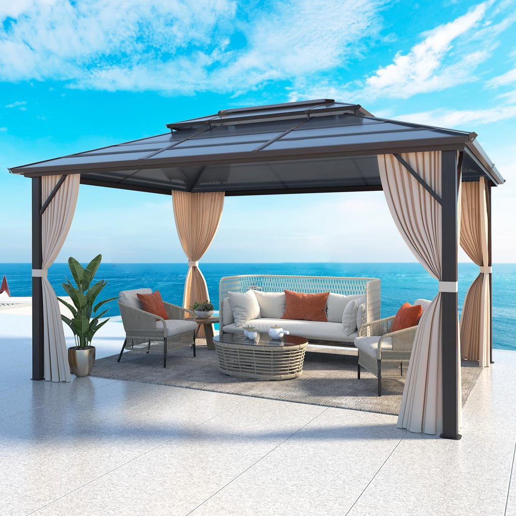 MELLCOM 10'x13' Hardtop Gazebo with Polycarbonate Double Roof, Aluminum Frame Outdoor Gazebo Permanent Pavilion with Curtains and Netting for Patio, Lawn & Garden