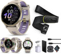 Garmin Forerunner 970 Running Smartwatch, GPS Fitness Watch for Men and Women, Soft Gold Titanium with French Gray Case/Translucent Indigo Band + Access 600 Fitness Monitor, M-XL + More