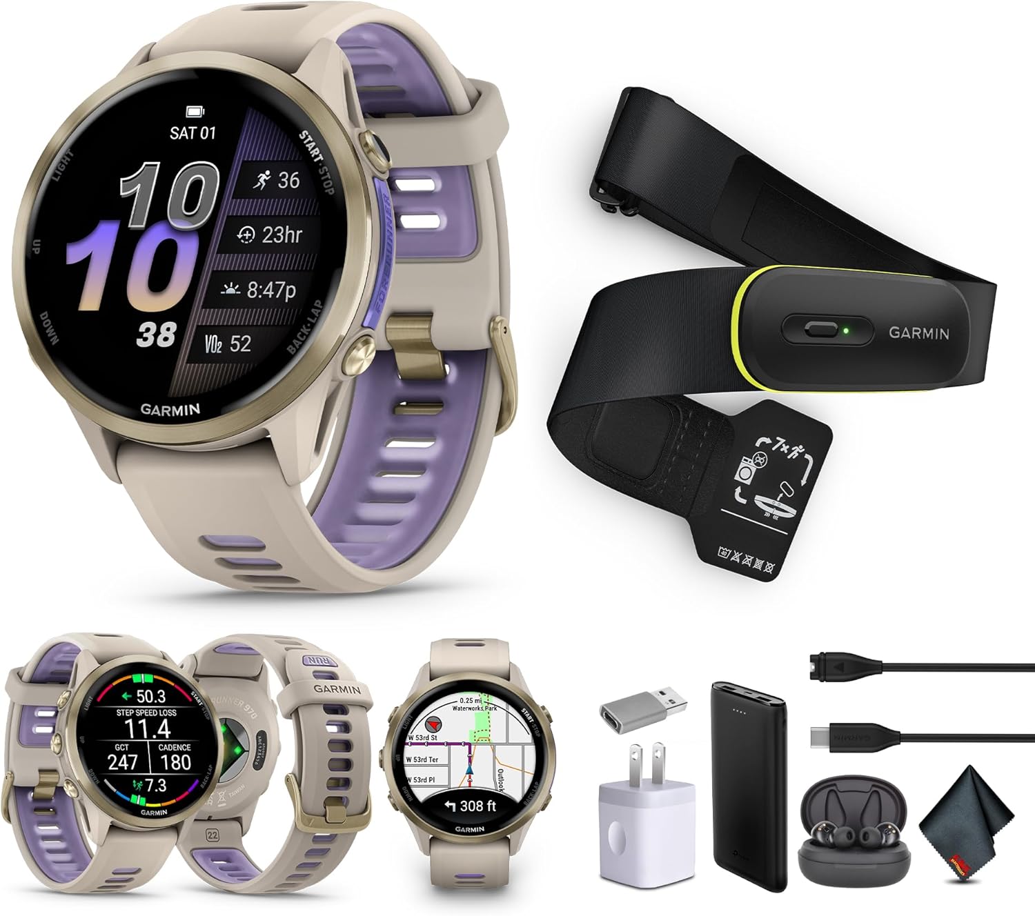 Garmin Forerunner 970 Running Smartwatch, GPS Fitness Watch for Men and Women, Soft Gold Titanium with French Gray Case/Translucent Indigo Band + Access 600 Fitness Monitor, M-XL + More