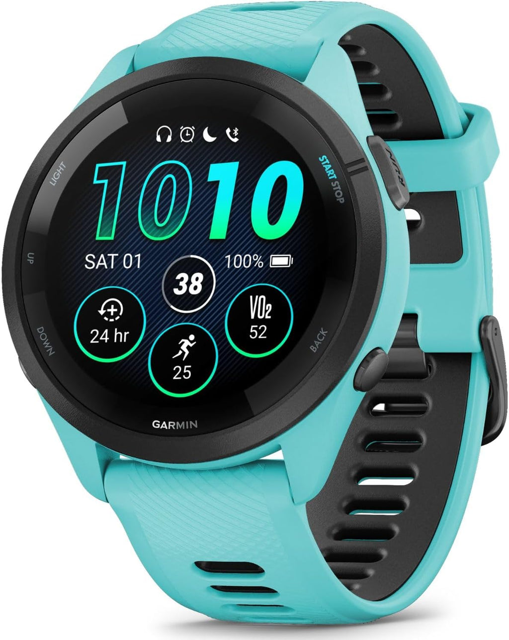 Garmin Forerunner 265 GPS Smartwatch, Aqua/Black Bundle with Deco Essentials Charging Dock Venu 3 + Silicone Dust Cover + USB Type C Charging and Sync Cable