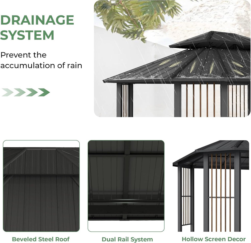 11' x 13' Hardtop Gazebo, Outdoor Octagonal Gazebo with Galvanized Steel Double Roof, Metal Frame with Dual Rail and Ceiling Hook, Outdoor Octagon for Patio Garden Backyard