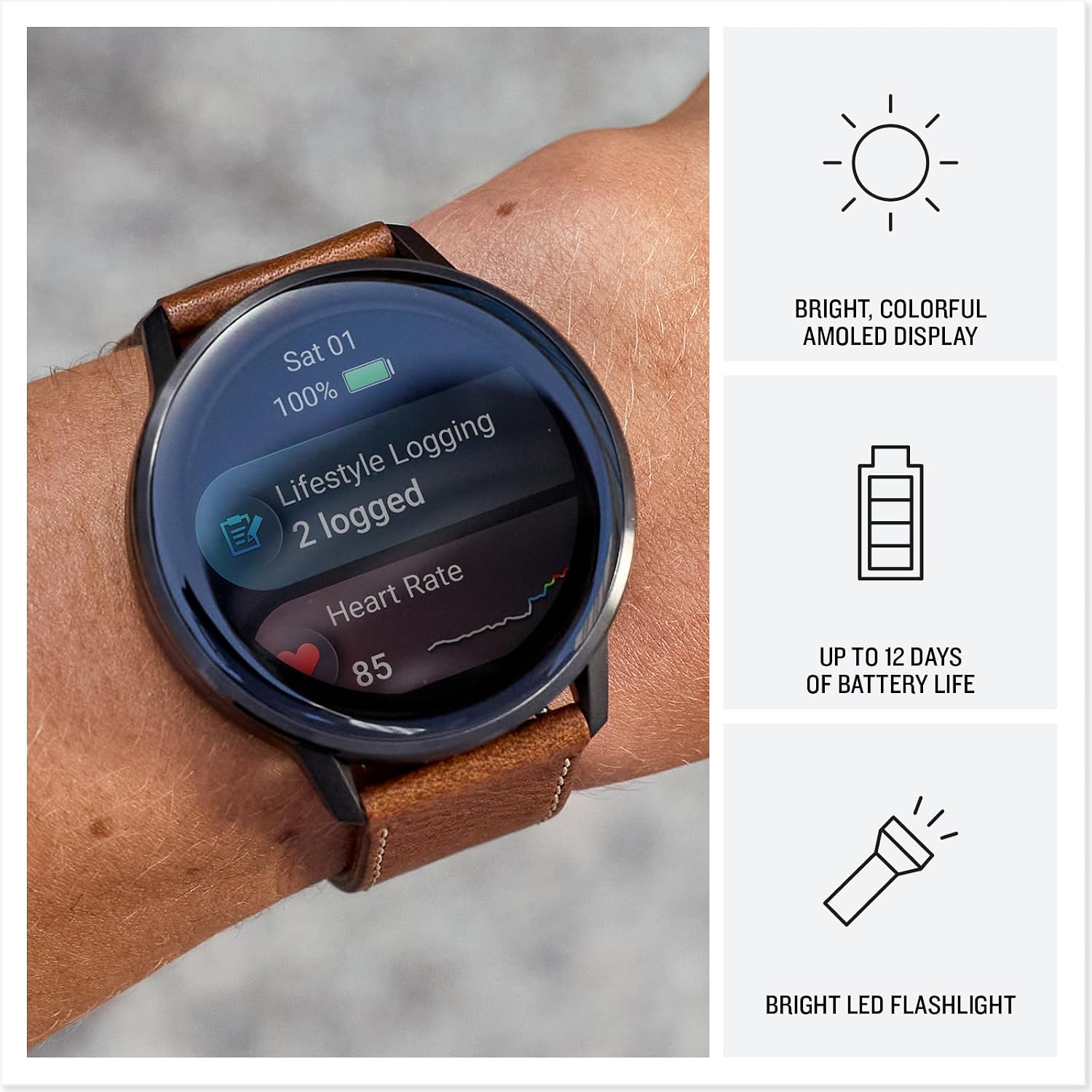 PlayBetter Garmin Venu 4 (Slate/Black/Brown Leather, 45mm) Fitness GPS Smartwatch Bundle - AMOLED Display, Built-in Flashlight, Long Battery Life Portable Charger & HD Screen Protectors