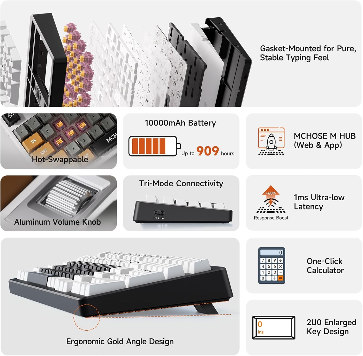MCHOSE UT98 Wireless Mechanical Keyboard Compact Gaming Keyboard with Knob Tri-Mode Connection Hot Swappable Custom Creamy Keyboard Gasket Structure Pre-lubed Linear Switches RGB Retro ICY