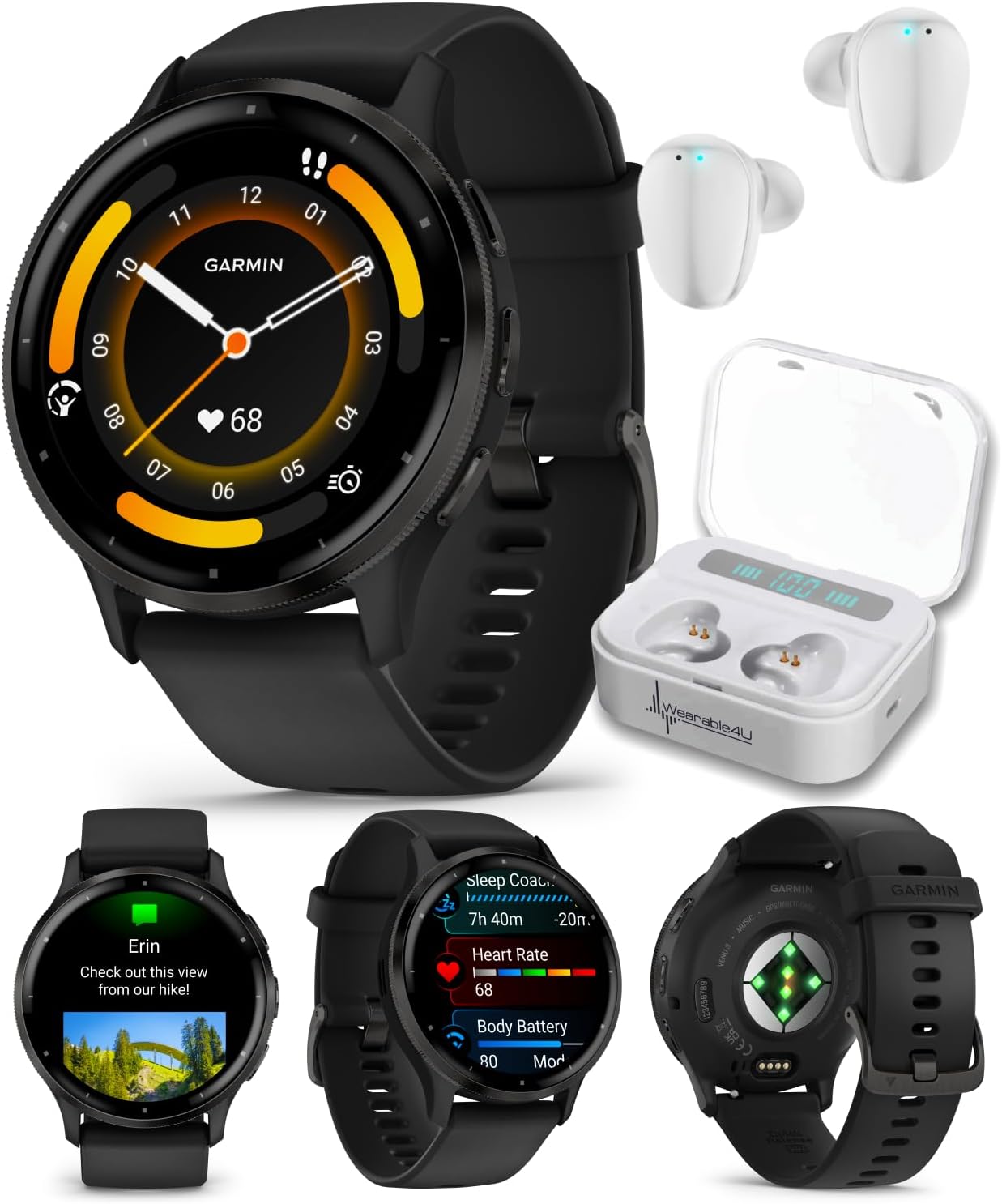 Garmin Venu 3 GPS Smartwatch AMOLED Display 45 mm Watch, Advanced Health and Fitness Features, Up to 14 Days of Battery, Wheelchair Mode, Sleep Coach, Black with White Earbuds Bundle