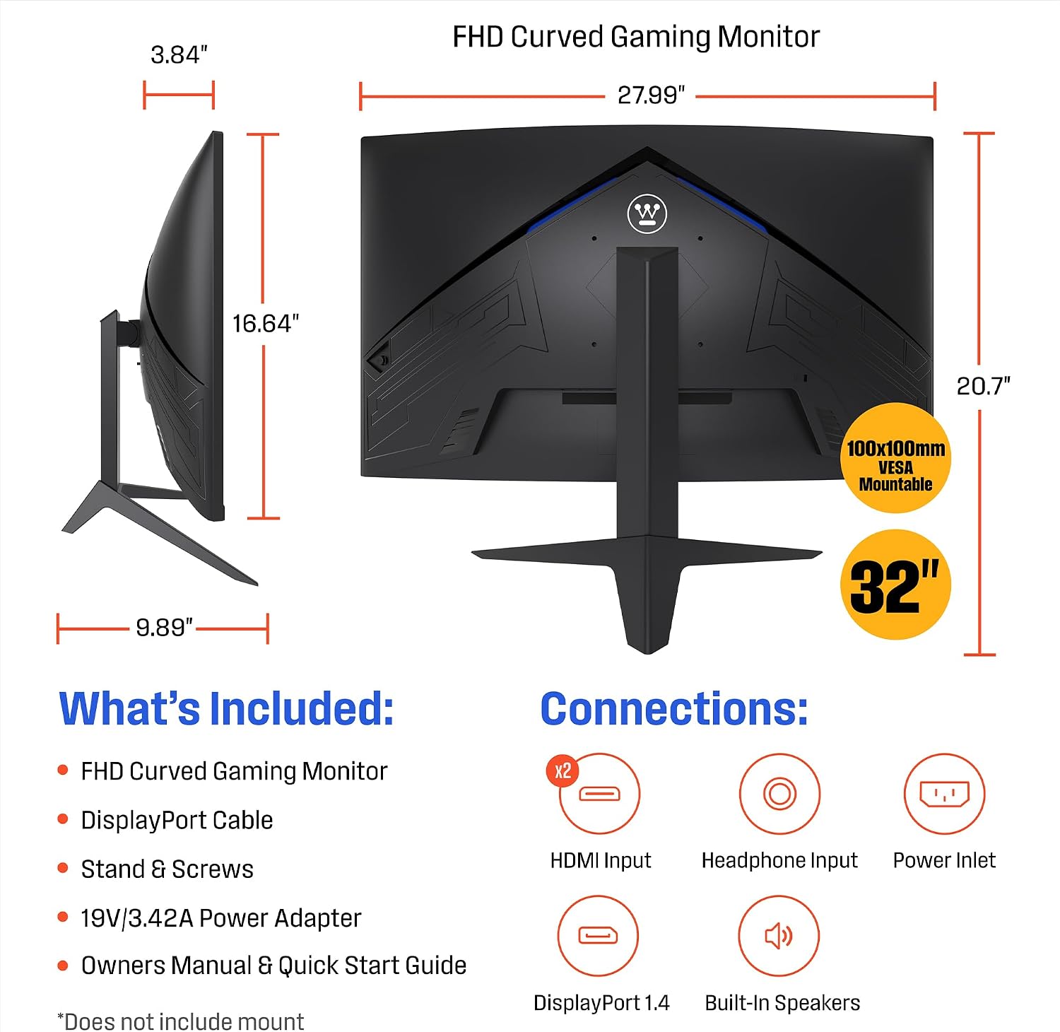 Westinghouse 32 Inch Curved Gaming Monitor, 165Hz, 1ms, FHD 1080P, 3000:1 Contrast Ratio, 118% SRGB, 1500R, AMD FreeSync, Eyecare, for PC Games with Built-in Speakers, DisplayPort, HDMIx2