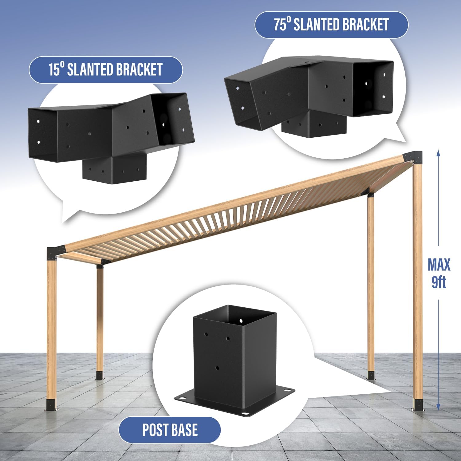 15° Pergola Bracket, 75° Corner 3-Way Pergola Right Angle Bracket with Post Base, Raised Wood Bracket for 4'x4' (Inner Dimensions: 3.5'x3.5') Wooden Beam, Pergola, Garden, Gazebo,... (Set 8)