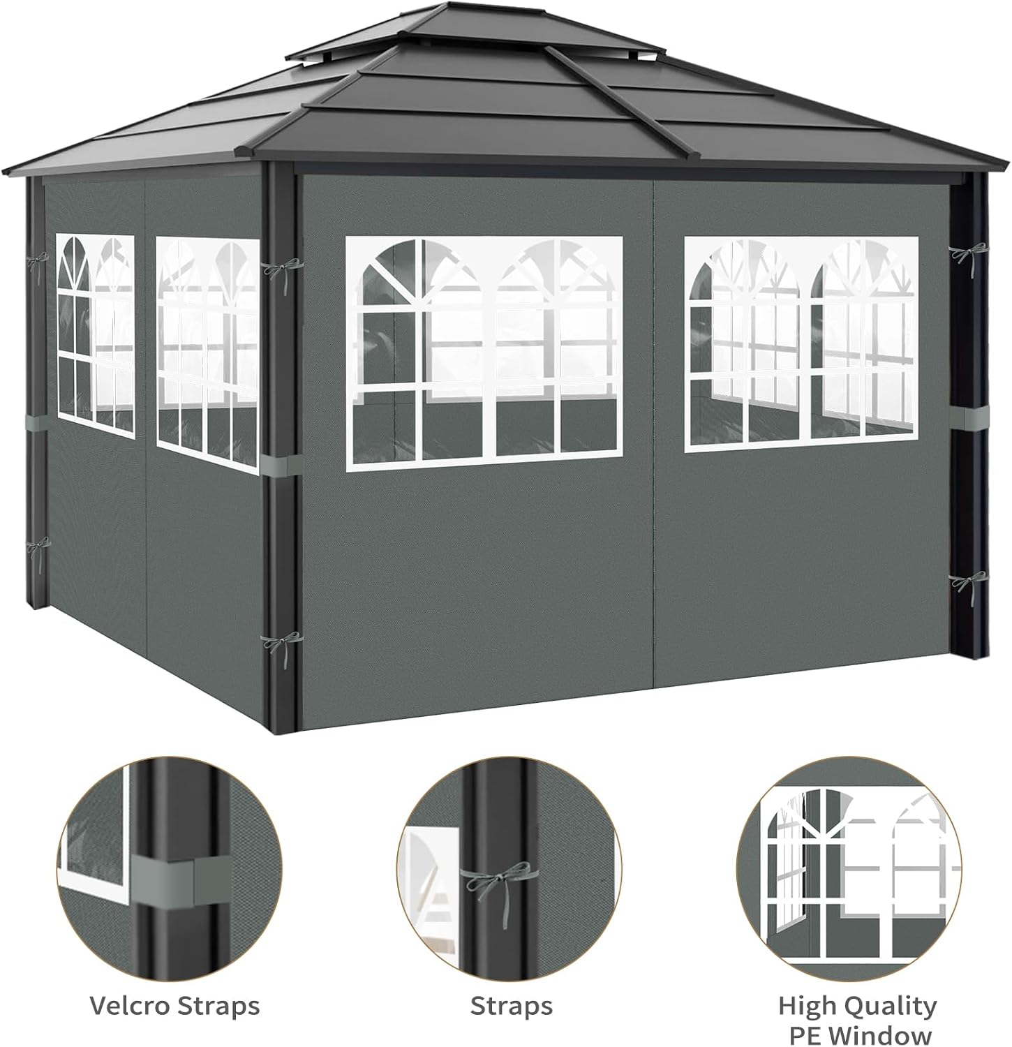 Gazebo Privacy Curtains 10' x 12' with PVC Windows, 4-Panels Side Wall with Zipper Universal Replacement for Patio, Outdoor Canopy, Garden and Backyard, Gray