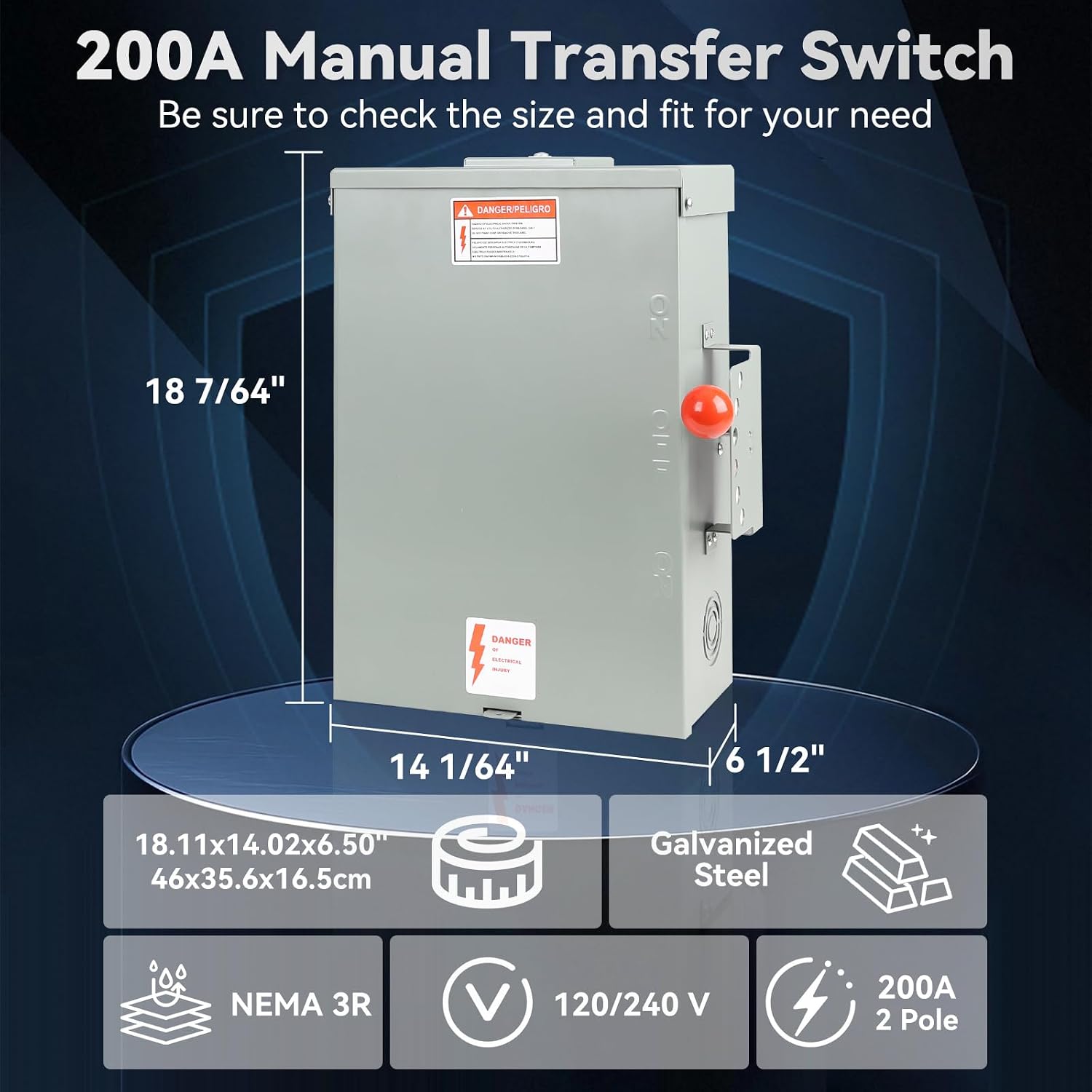 200 Amp Generator Transfer Switch Manual, 48000W General Duty Double Throw Switch, 120/240V, Stronger&Stability, Meeting NEMA 3R Standards for Outdoor and Indoor, Enlarged Enclosure for Easy Wiring