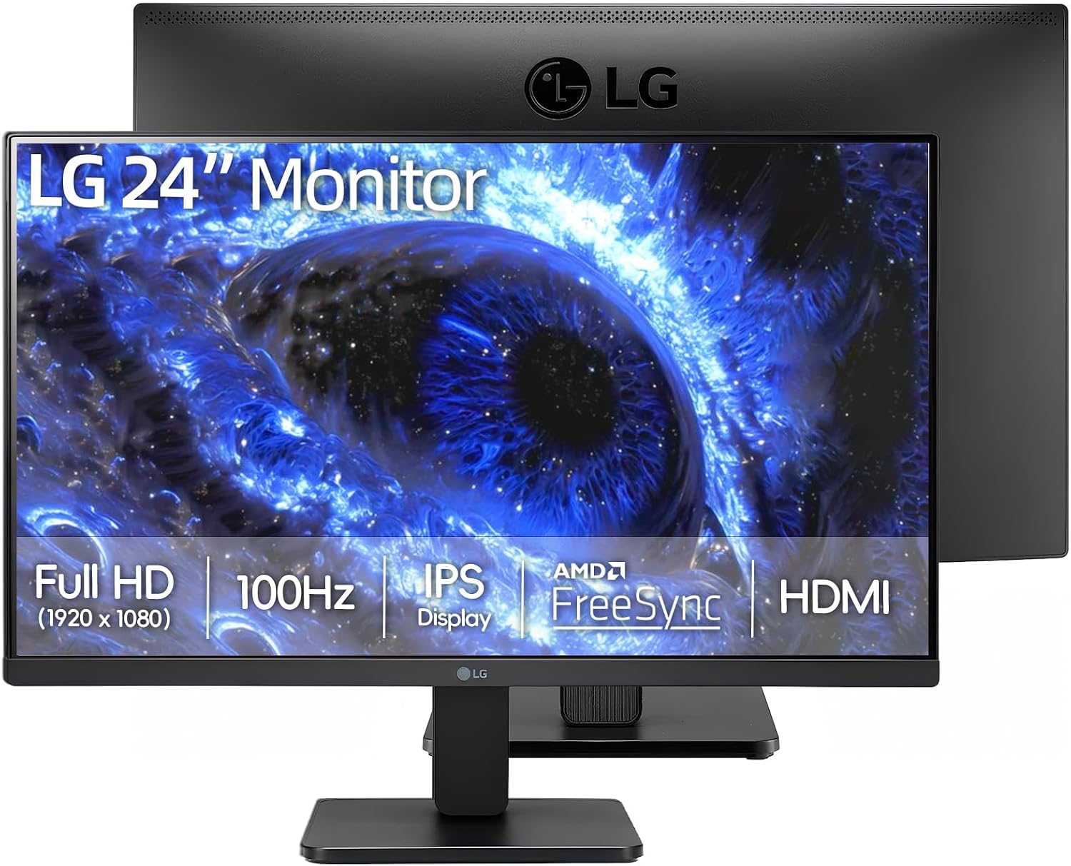 LG 24' FHD (1920 x 1080) IPS Monitor, 100Hz Refresh Rate, 99% sRGB, AMD FreeSync, 3-Side Borderless, Anti Glare, Tilt Adjustable, HDMI, VESA Mountable, for Gaming and Office