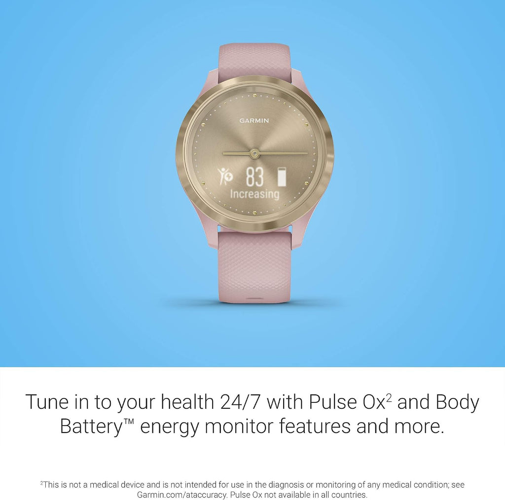Garmin vivomove 3s, Smaller-Sized Hybrid Smartwatch with Real Watch Hands and Hidden Touchscreen Display, Light Gold with Rose Case and Band (Renewed)