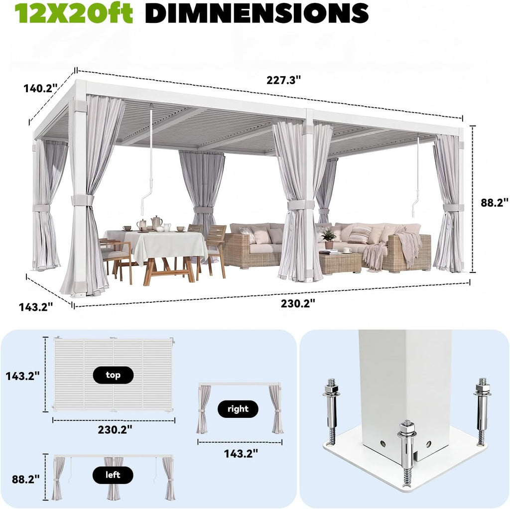 MELLCOM Louvered Pergola 12x20, Steel Aluminum Pergola with Adjustable Louvered Roofs, Outdoor Gazebo with Waterproof Curtains and Nets, White