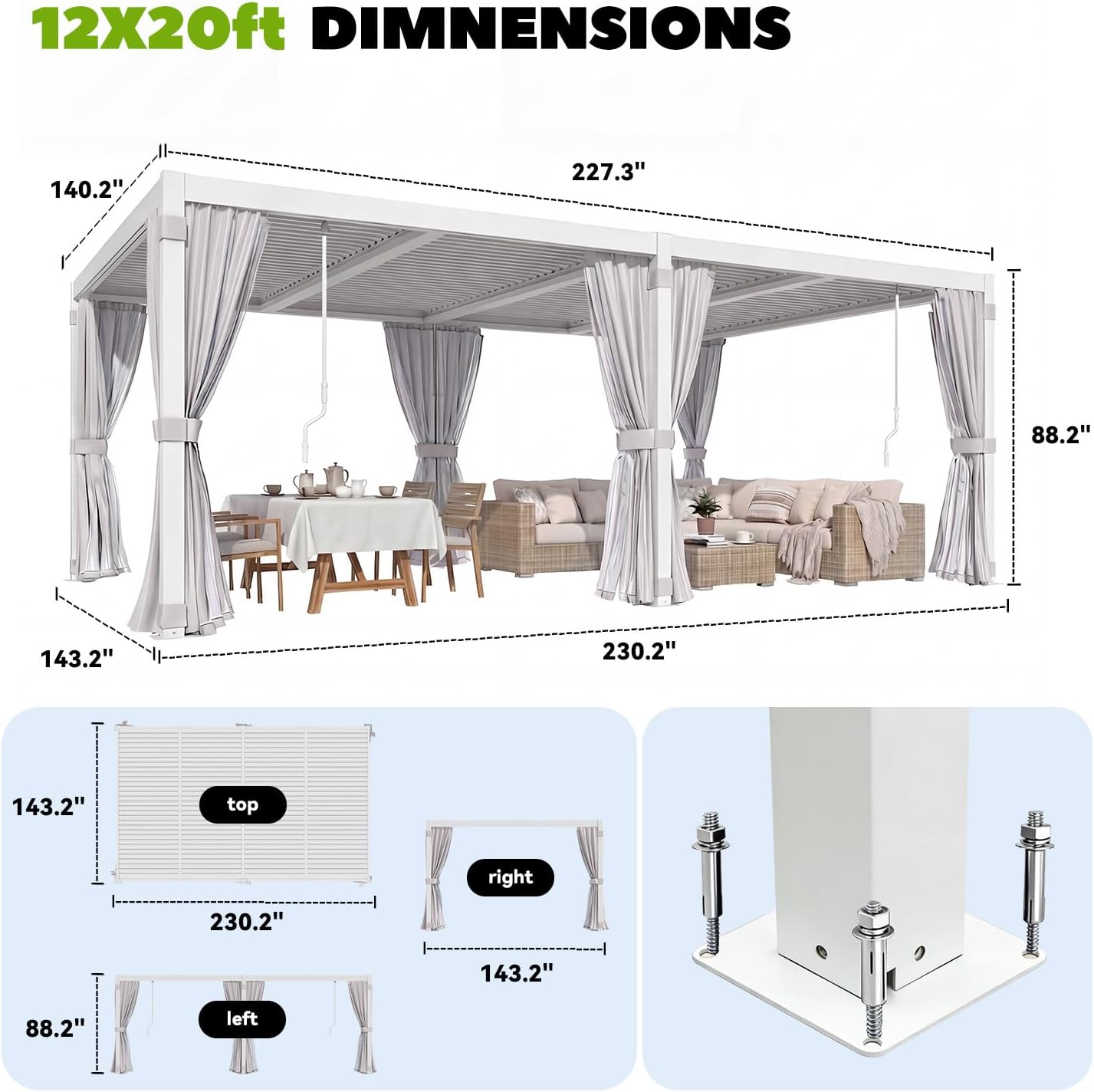 MELLCOM Louvered Pergola 12x20, Steel Aluminum Pergola with Adjustable Louvered Roofs, Outdoor Gazebo with Waterproof Curtains and Nets, White