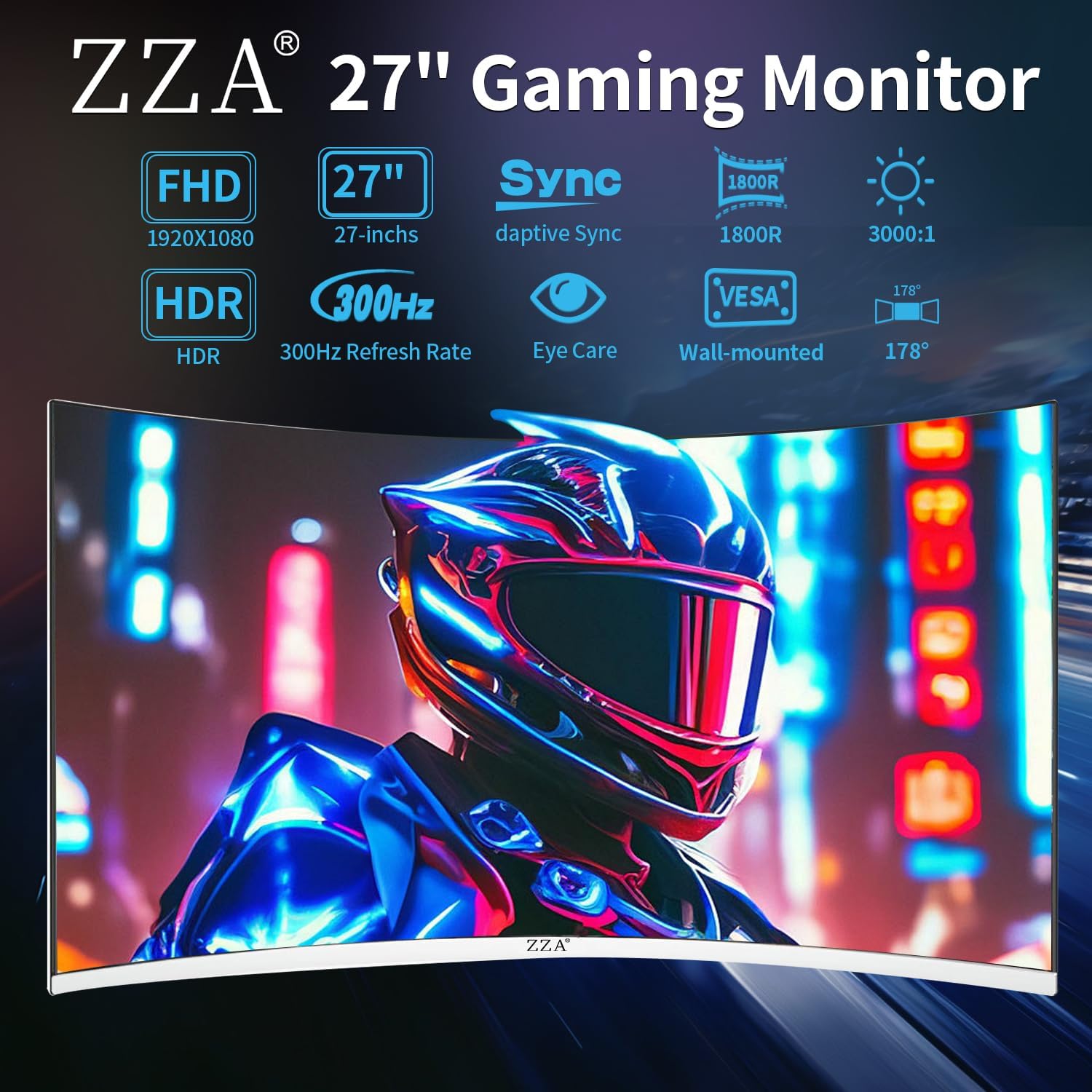 ZZA 27' Curved Gaming Monitor 300HZ Computer Monitor, FHD 1080p 1ms 1800R VA Screen, 99% sRGB, Support AMD FreeSync, Blue Light Filter, HDMI*2 & DP*2, VESA Mounting Compliant- White
