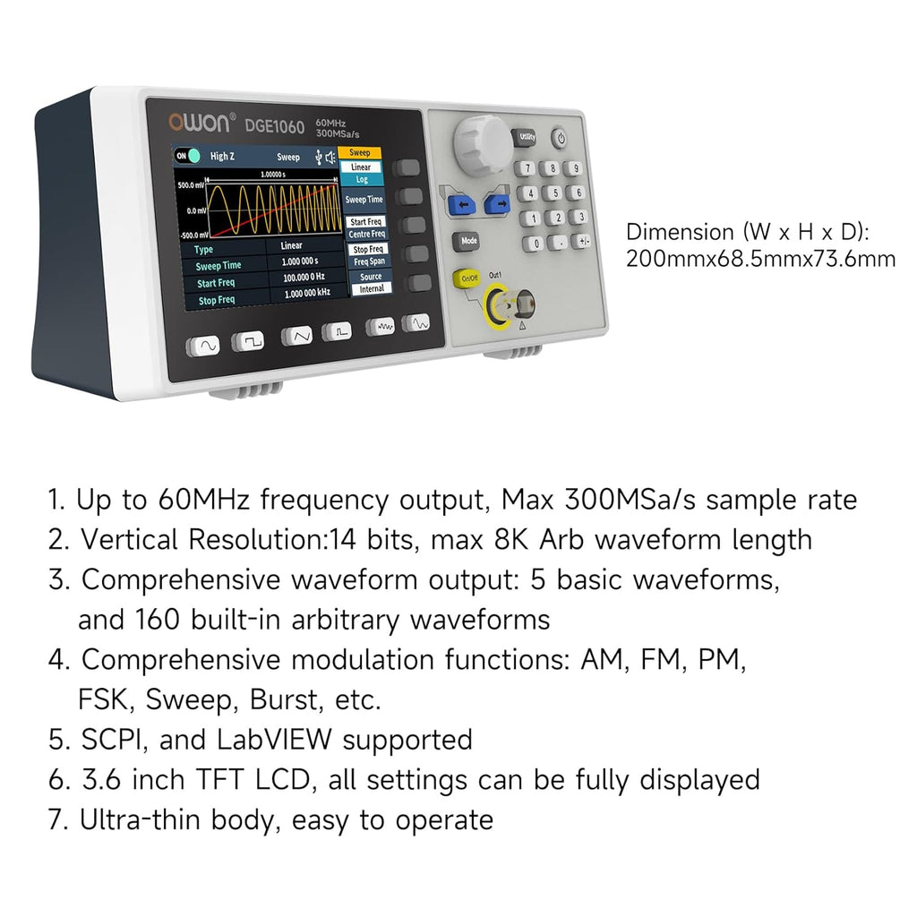 OWON Waveform Generator, 60MHz Bandwidth,300MSa/s Sampling Rate, 14 bits Vertical Resolution, 8K Waveform Length, 5 Basic Waveforms, 160 built-in Arbitrary Waveforms, with 3.6IN LCD Display DGE1060