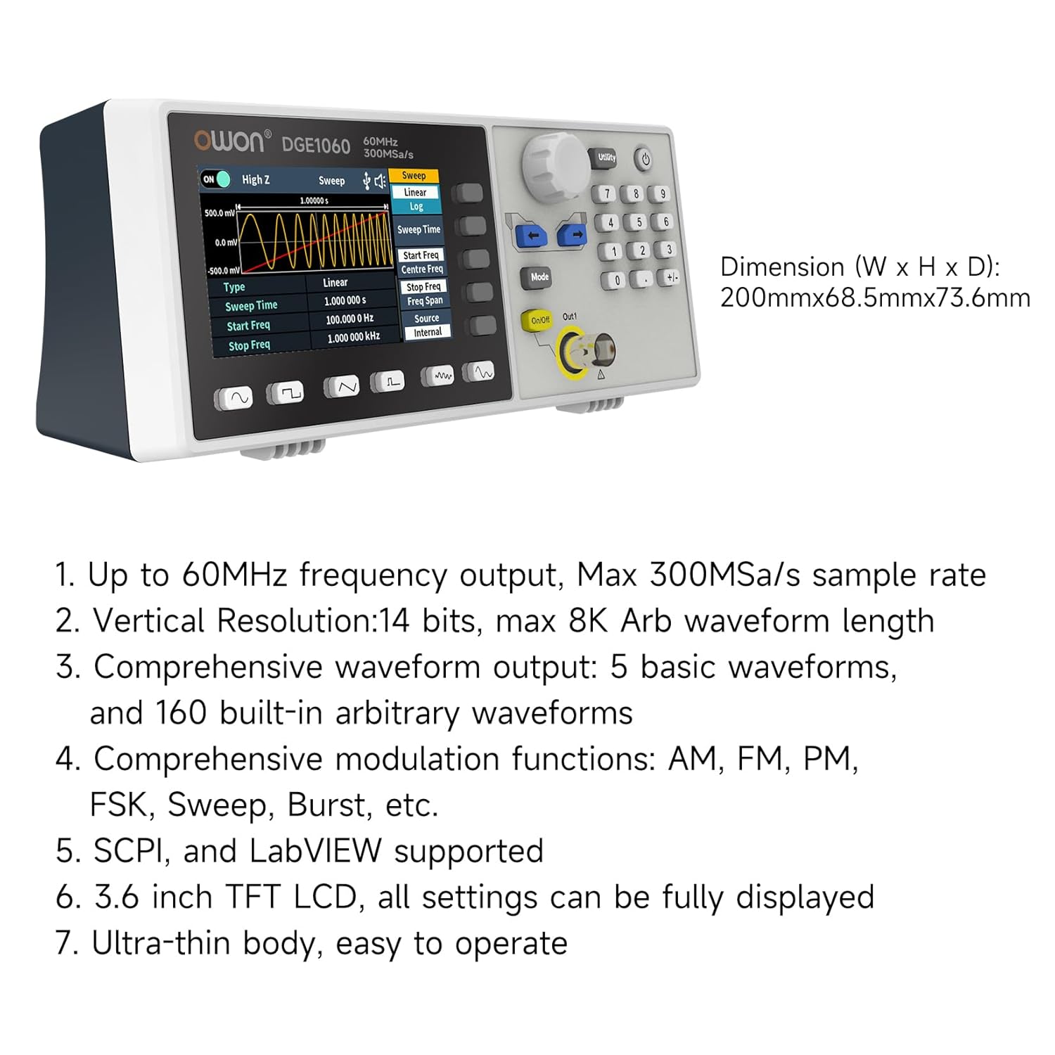OWON Waveform Generator, 60MHz Bandwidth,300MSa/s Sampling Rate, 14 bits Vertical Resolution, 8K Waveform Length, 5 Basic Waveforms, 160 built-in Arbitrary Waveforms, with 3.6IN LCD Display DGE1060
