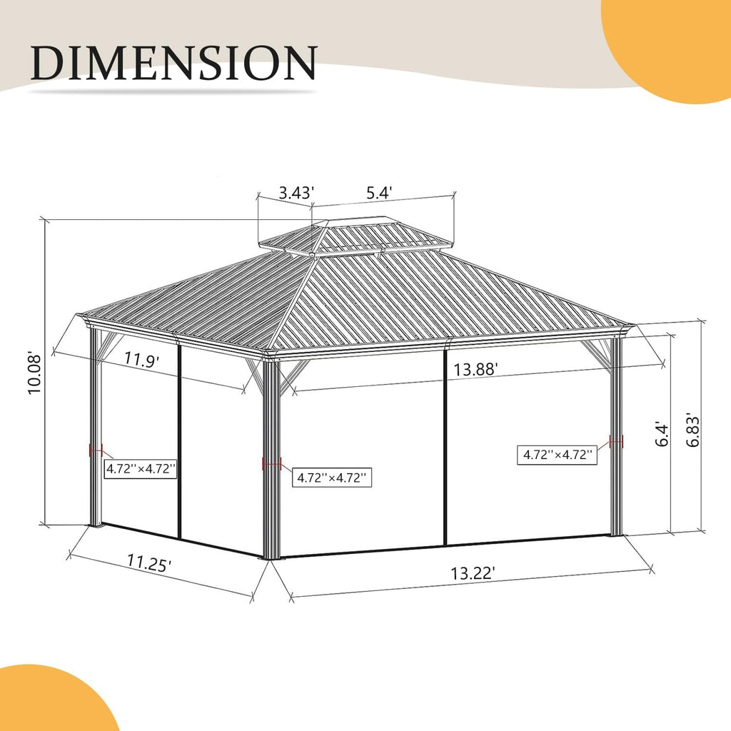 12' x 14' Hardtop Gazebo Outdoor Aluminum Gazebos with Galvanized Steel Double Canopy for Patios Deck Backyard,Curtains&Netting by domi outdoor living
