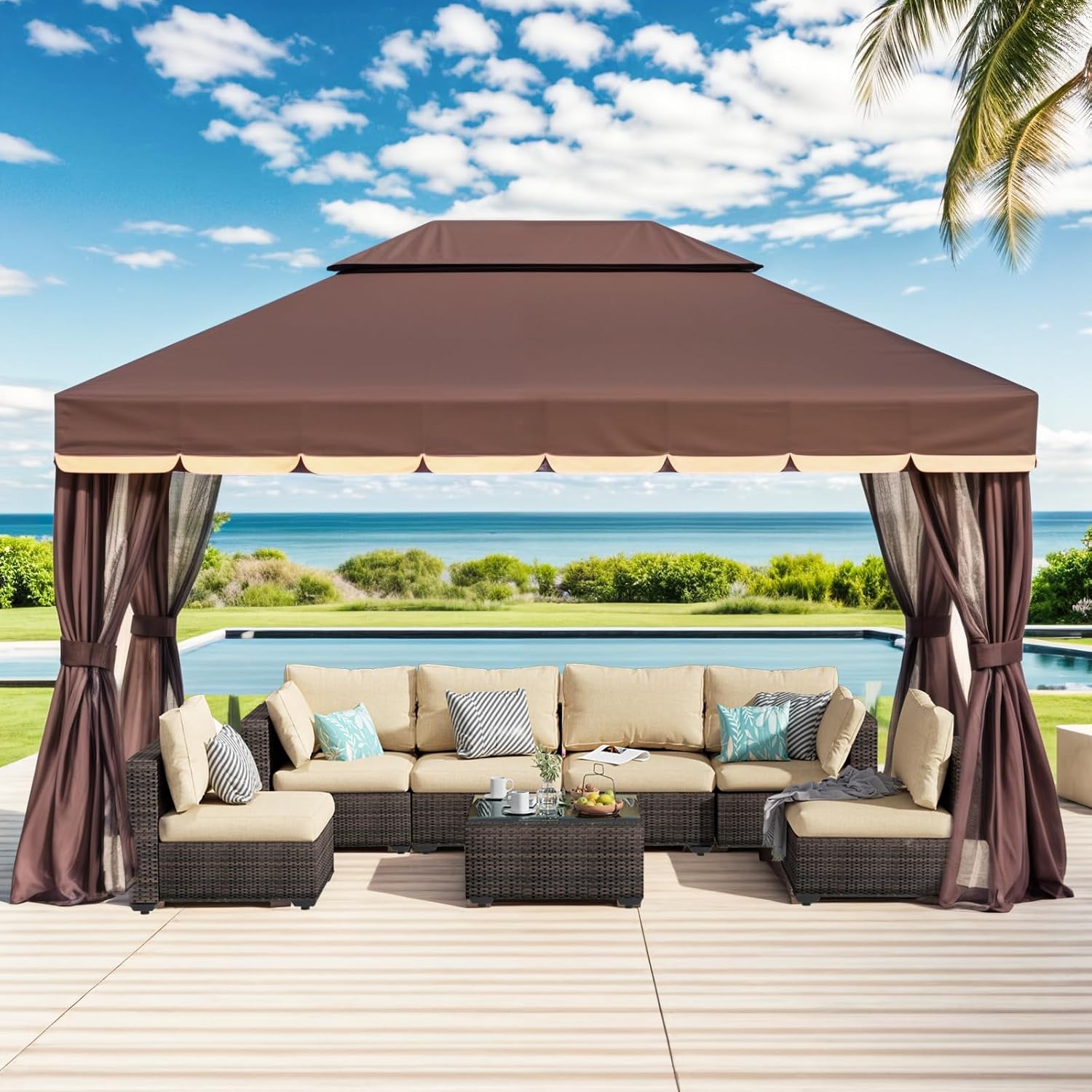 10'x13' Outdoor Patio Gazebo,Heavy Duty Party Tent & Shelter with Double Roofs, Mosquito Nettings and Curtains for Backyard, Patio, Deck, Parties, Garden, Lawn (Brown)