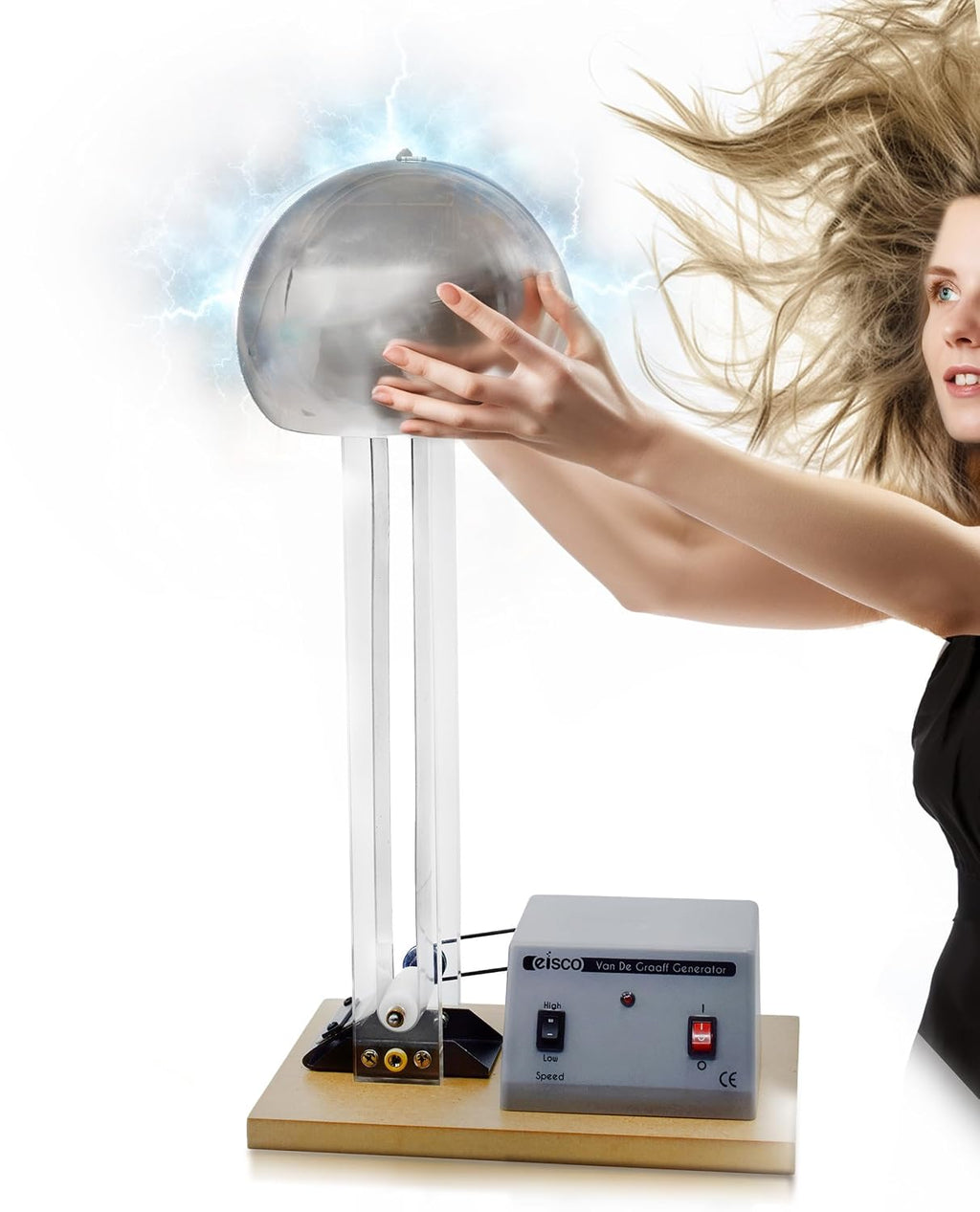 EISCO Van De Graaff Generator, Motor Driven - 120/240V, 50/60Hz - Includes Assembled Base with DC Motor, Power Cord, Discharge Wand, & Accessories - 22' Tall