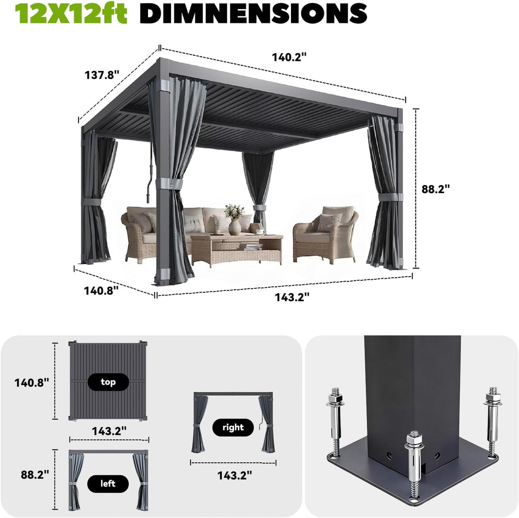 MELLCOM Louvered Pergola 12x12, Steel Aluminum Pergola with Adjustable Louvered Roofs, Outdoor Gazebo with Waterproof Curtains and Nets, Black