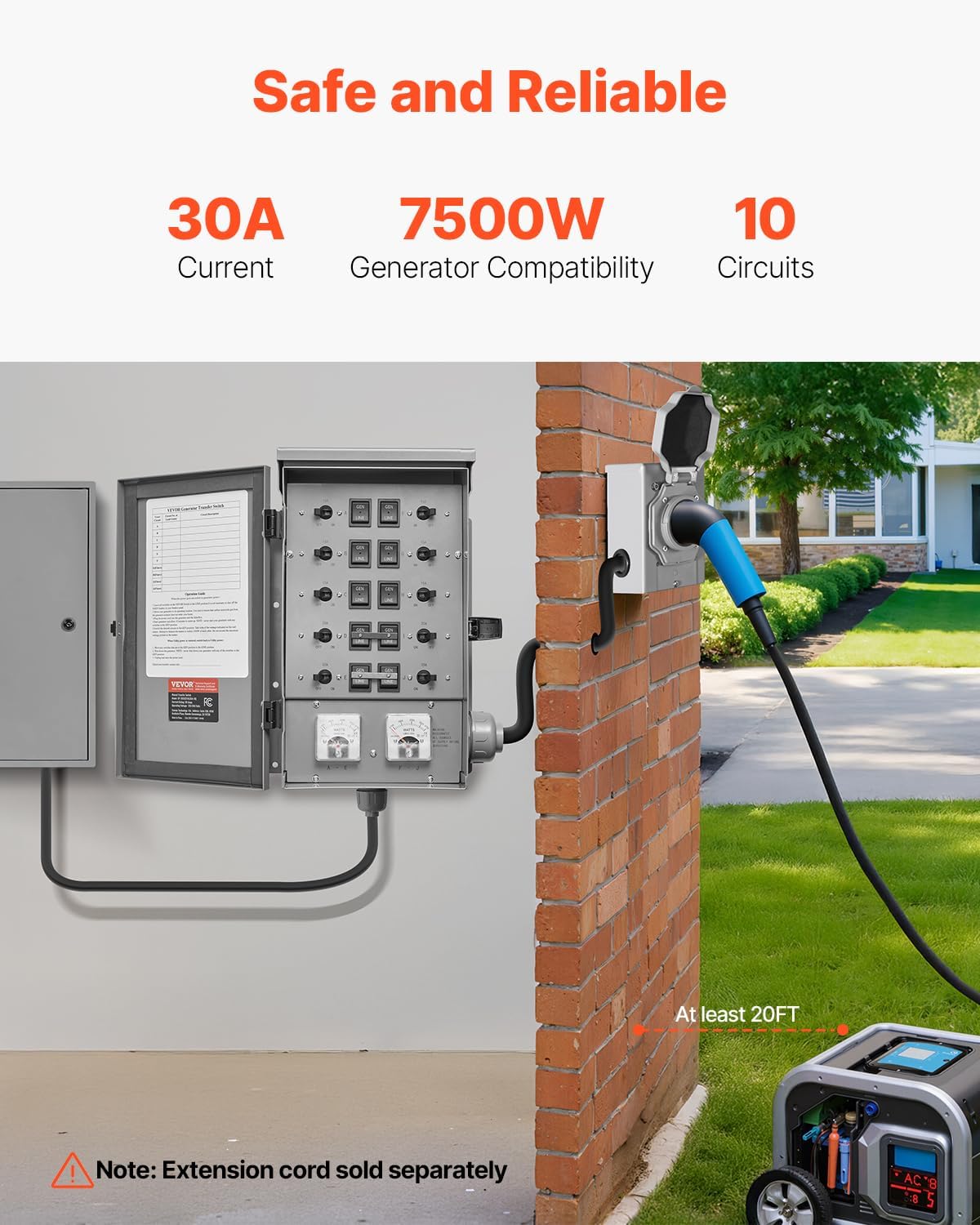 VEVOR Manual Transfer, 30-Amp 10-Circuit, Prewired Generator Transfer Kit with NEMA L14-30P Power Inlet Box, Double-Throw, NEMA 3R, Mechanical Watt Meter, for 7500W Generators
