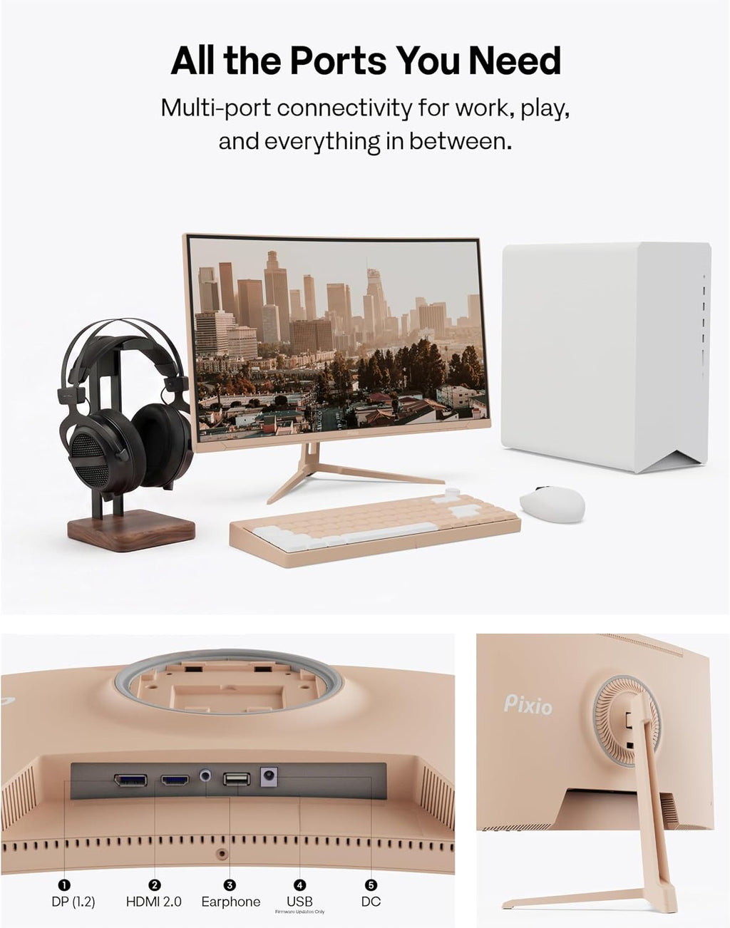 Pixio PXC248 Wave Beige 24 inch 200Hz Refresh Rate FHD 1080p Resolution 1500R Curve Fast VA Panel 1ms GTG Response Time Adaptive Sync HDR Curved Gaming Monitor