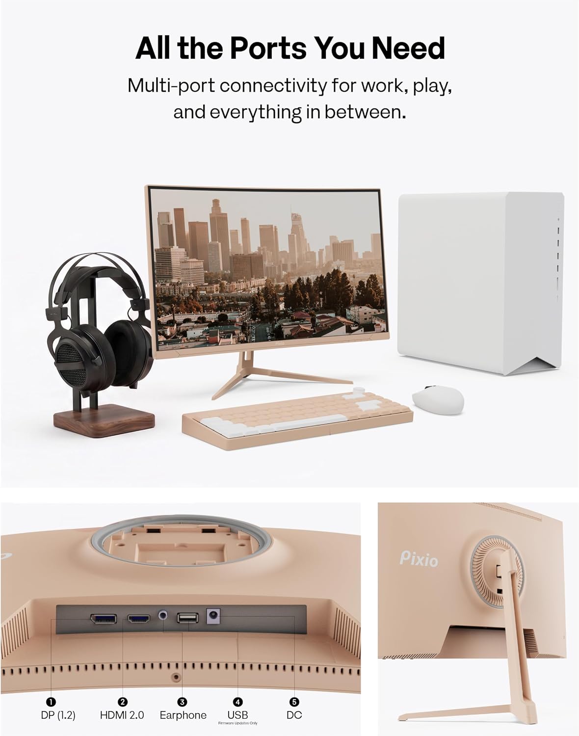 Pixio PXC248 Wave Beige 24 inch 200Hz Refresh Rate FHD 1080p Resolution 1500R Curve Fast VA Panel 1ms GTG Response Time Adaptive Sync HDR Curved Gaming Monitor