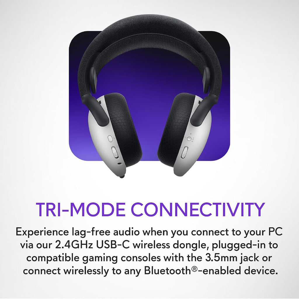 Alienware Tri-Mode Wireless Gaming Headset AW725H - Wired/Wireless, Bluetooth 5.3, Audio Output - 20 Hz, Mini-Phone (3.5mm), Battery Talk Time Up to 55 Hrs (Bluetooth), Lunar Light