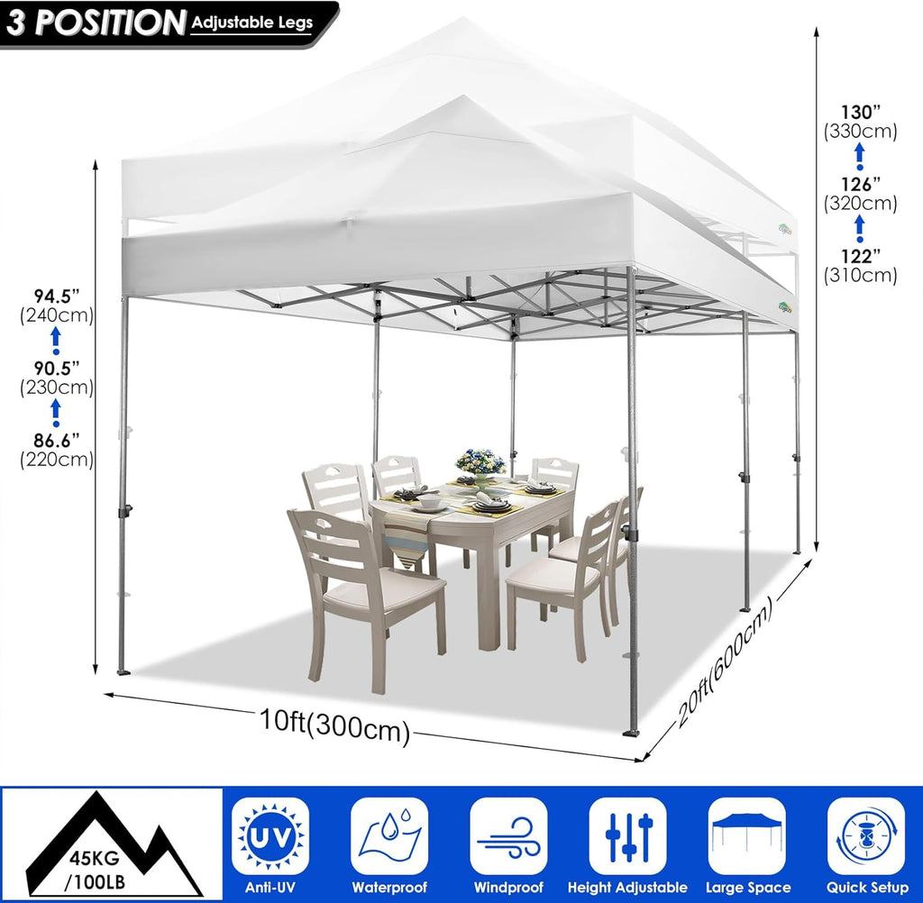 COBIZI 10x20 Heavy Duty Pop up Canopy Tent with 6 sidewalls Easy Up Commercial Outdoor Wedding Party Tents for Parties All Season Wind & Waterproof Gazebo Roller Bag, White(Frame Thickened)