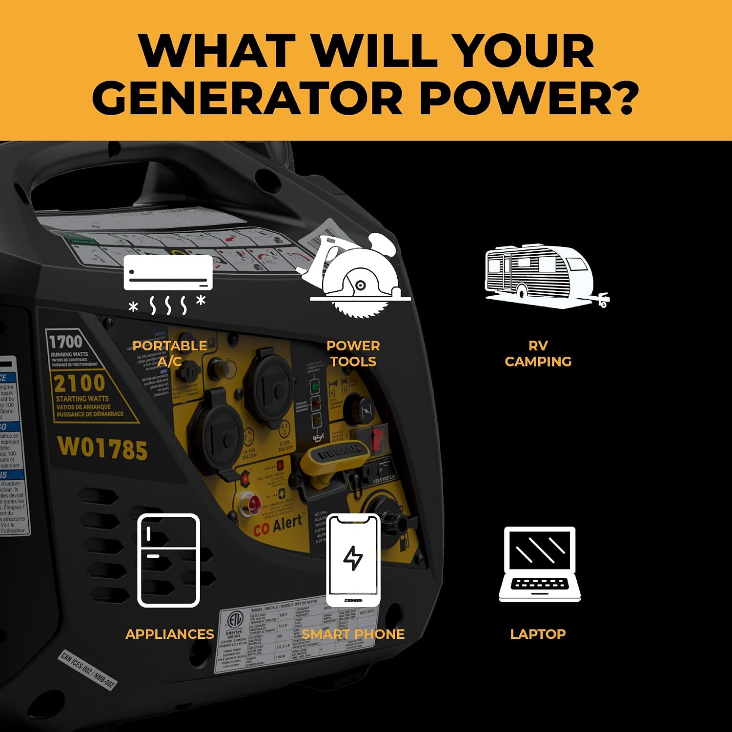 FIRMAN W01785 Inverter Portable Generator, 2100W Starting 1700W Running Power, Recoil Start with CO Alert Safety Shutoff, Quiet 59 dB Operation, Lightweight for Camping, Travel, Home, and Outdoor Use