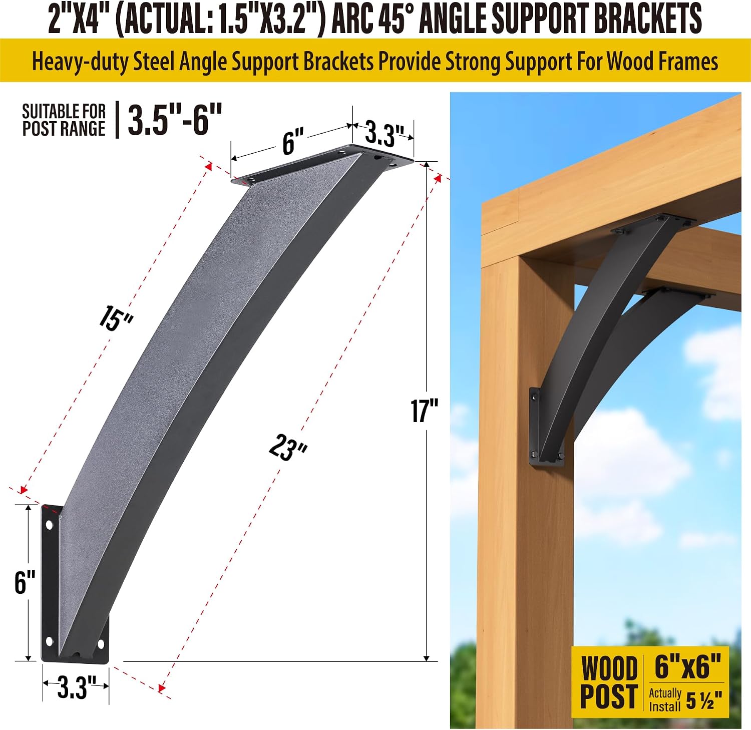 AECXM Heavy Duty 2''x4'' (Actual: 1.5''x3.2'') Arc 45° Angle Support Brackets, for gazebos, Decks, porches, Log Cabins and Other Wood Frame Degree Angle Pergola (4-Bracket)