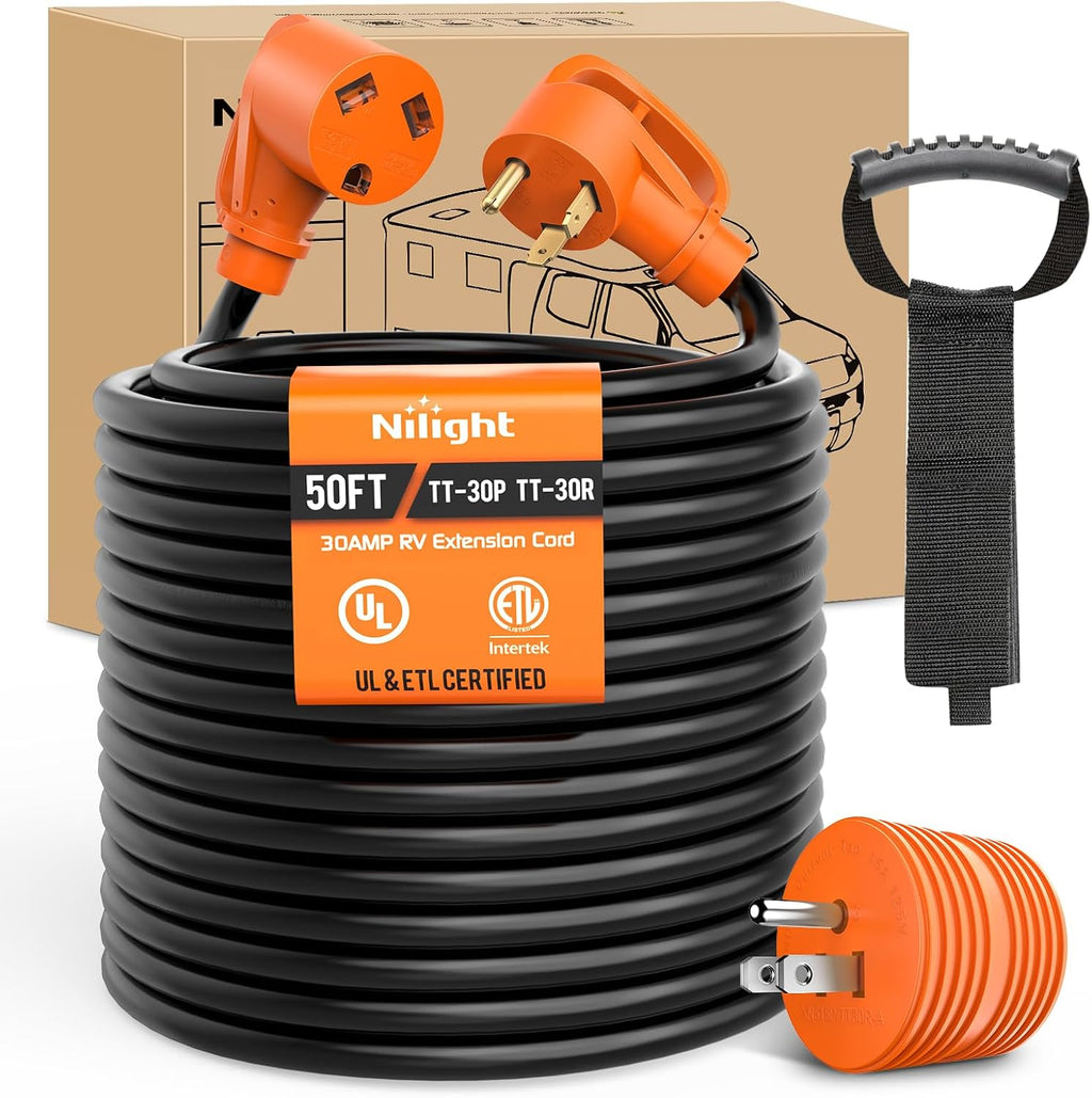 Nilight 50FT 30 Amp RV Extension Cord with Adapter 15Amp to 30Amp 125V Heavy Duty 10/3 Gauge Pure Copper STW Wire UL ETL Listed 3 Prong TT-30P TT-30R Weatherproof Suit for Generators Campers
