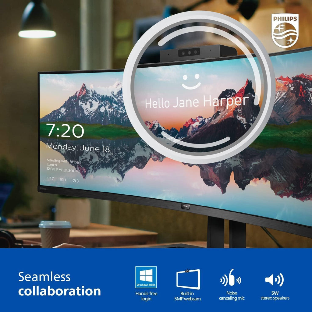 Philips 34E1C5600HE 34' UltraWide QHD 21:9 Monitor with Built-in Windows Hello Webcam & Noise Canceling Mic, USB-C Docking, Stereo Speakers, 100Hz, 4-Year Advance Replacement,Black