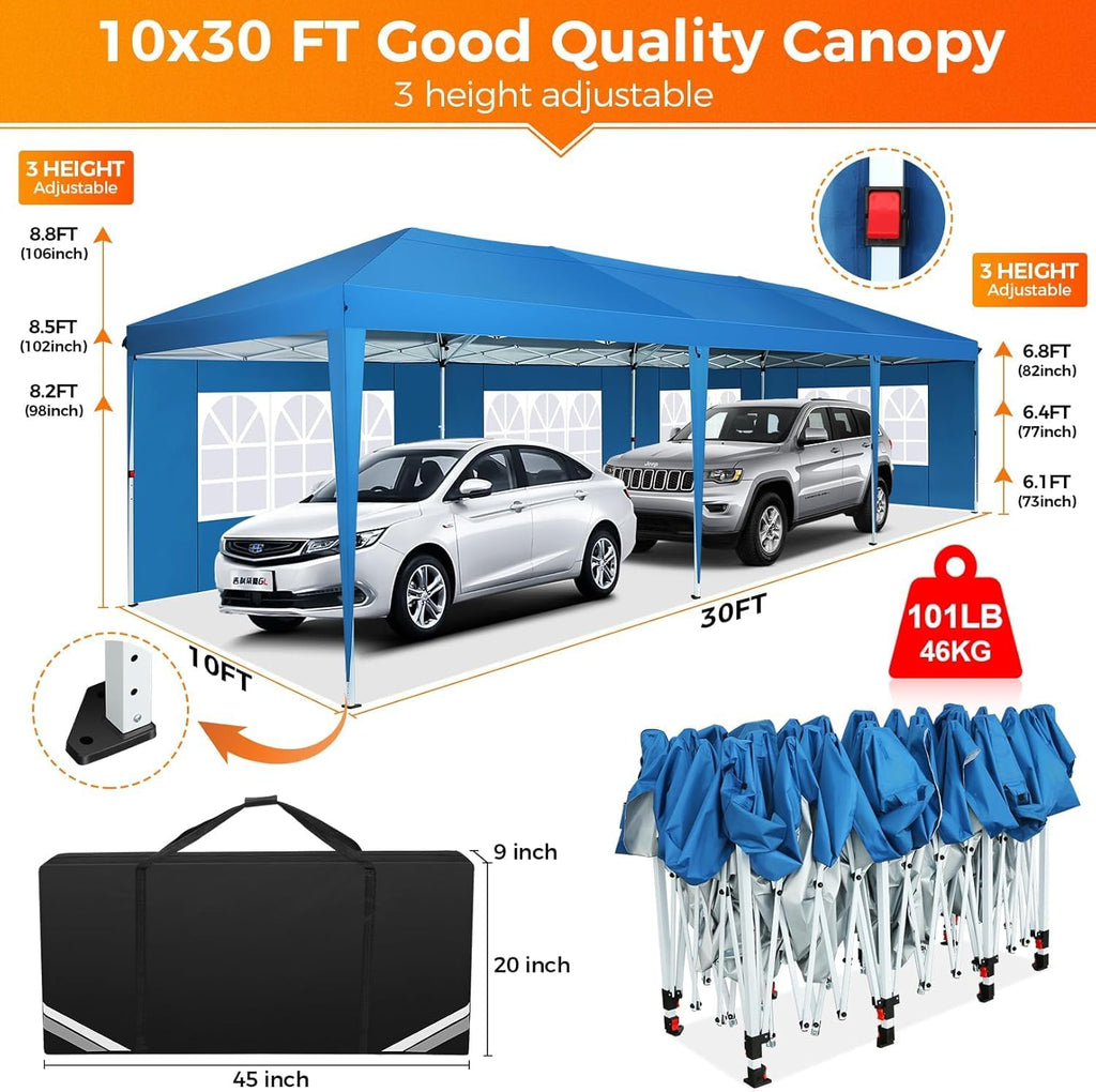 COBIZI 10x30 Pop Up Canopy Tent with 5 Sidewalls Party Tents for Parties Weddings Backyard Waterproof Commercial Instant Outdoor Events Tent with Stakes, Ropes,Sandbags（10 x 30 ft Blue