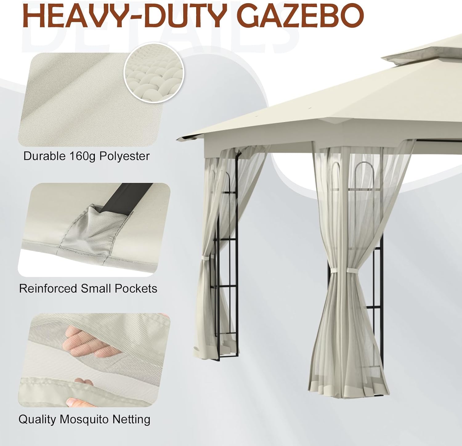 COOS BAY 10x12 Outdoor Patio Gazebo with Netting, Two Tier Water Resistant Canopy for Backyard, Beige