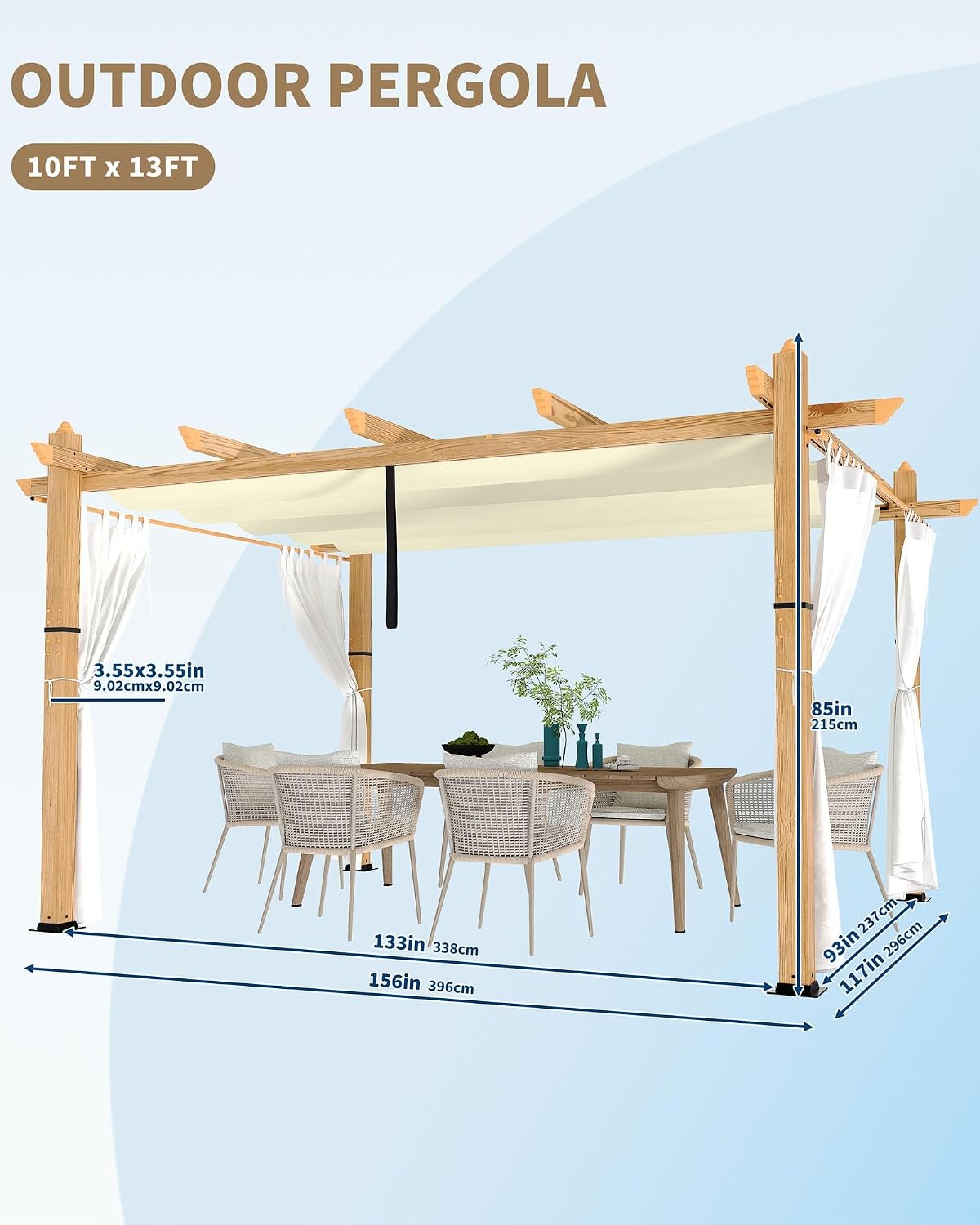 KYBOLT 10x13 Ft Outdoor Pergola with Retractable Canopy Aluminum Gazebo Imitation Wood-Grain Post with Side Mesh Screen Pavilion for Backyard Deck(Beige+White)
